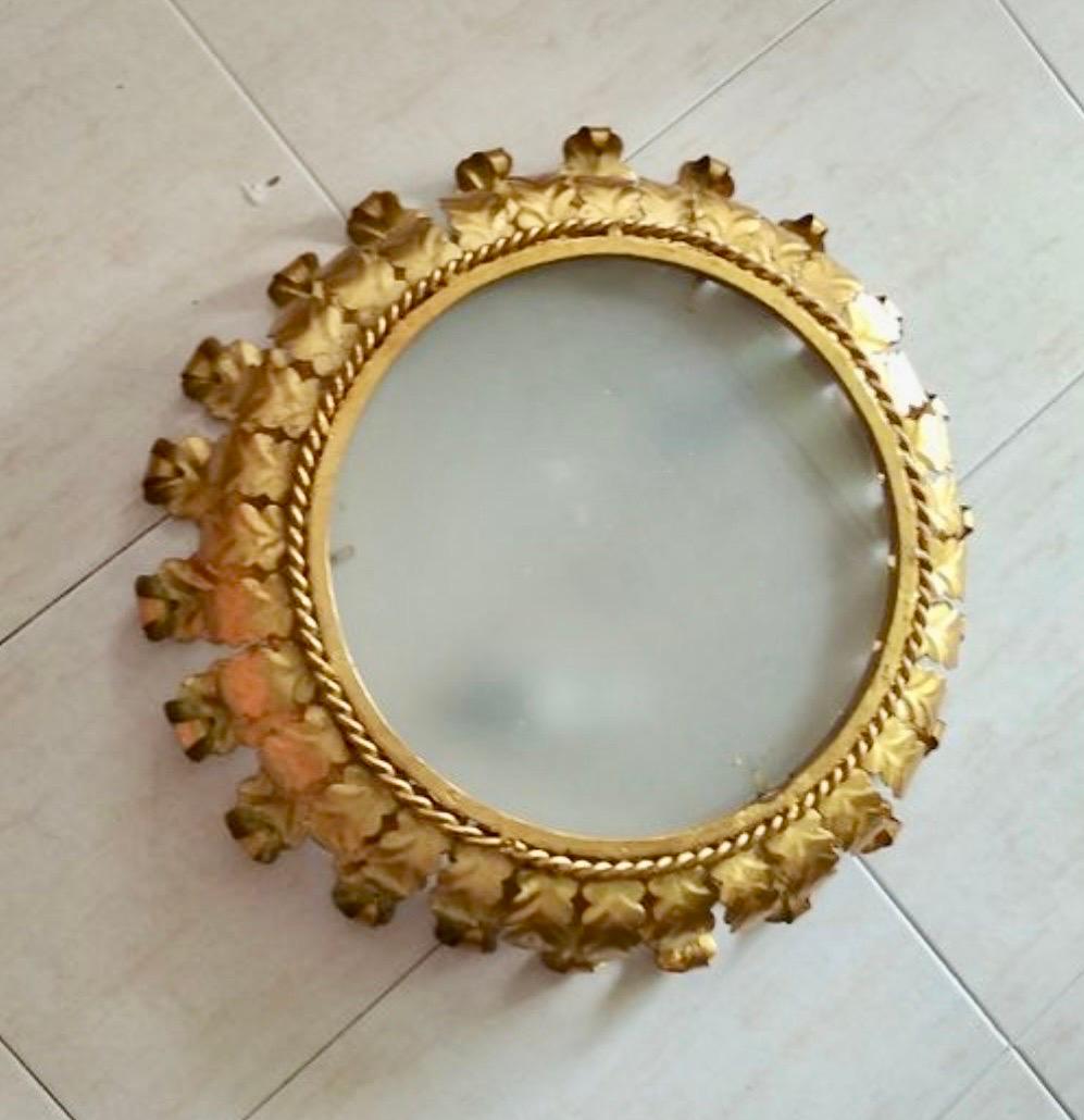 Frosted Large Spanish Crown Sunburst fixture in Gilt Metal and frost Glass , circa 1950 For Sale