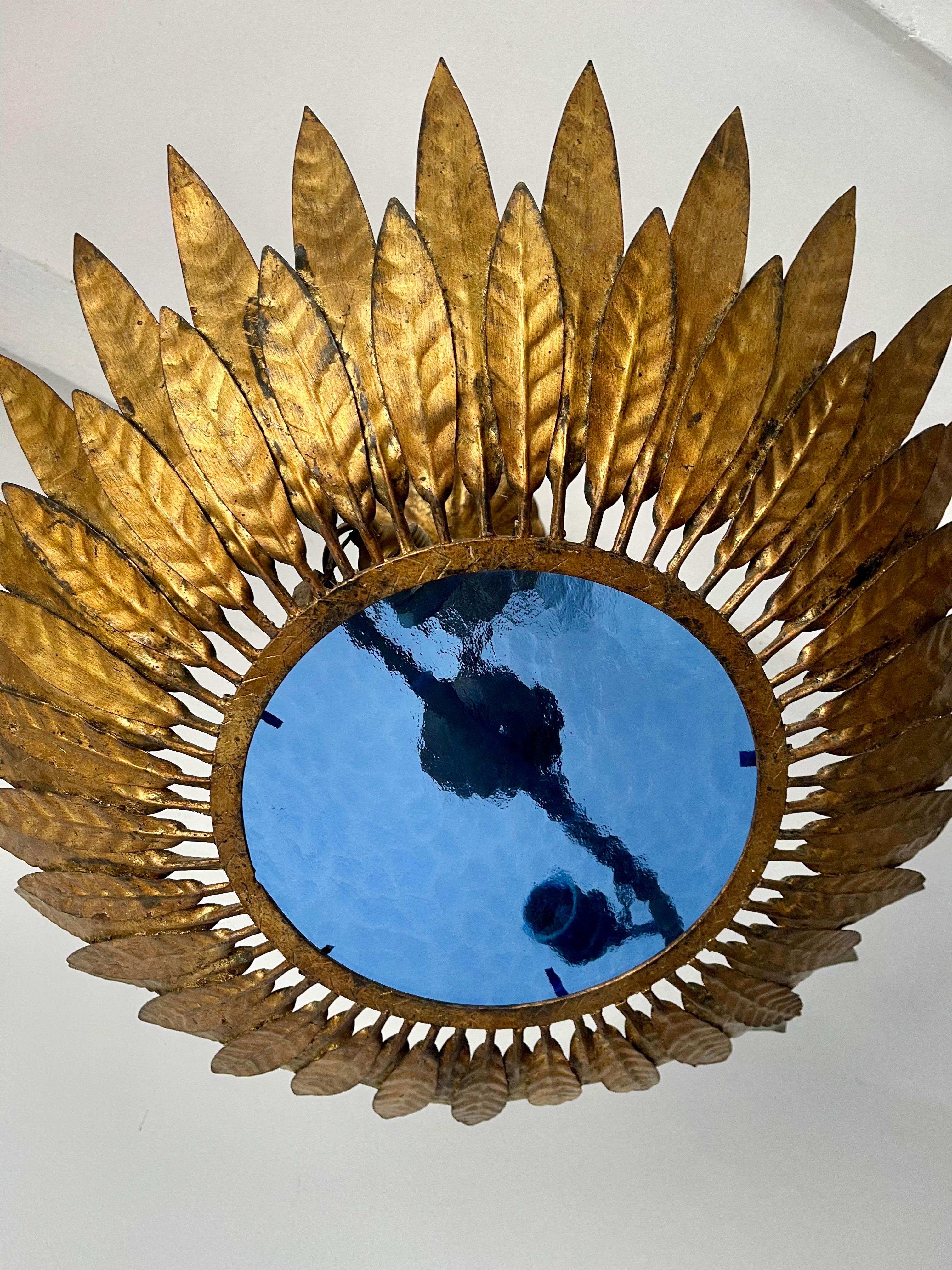 Frosted Large Spanish Crown Sunburst fixture in Gilt Metal and frost Glass , circa 1950