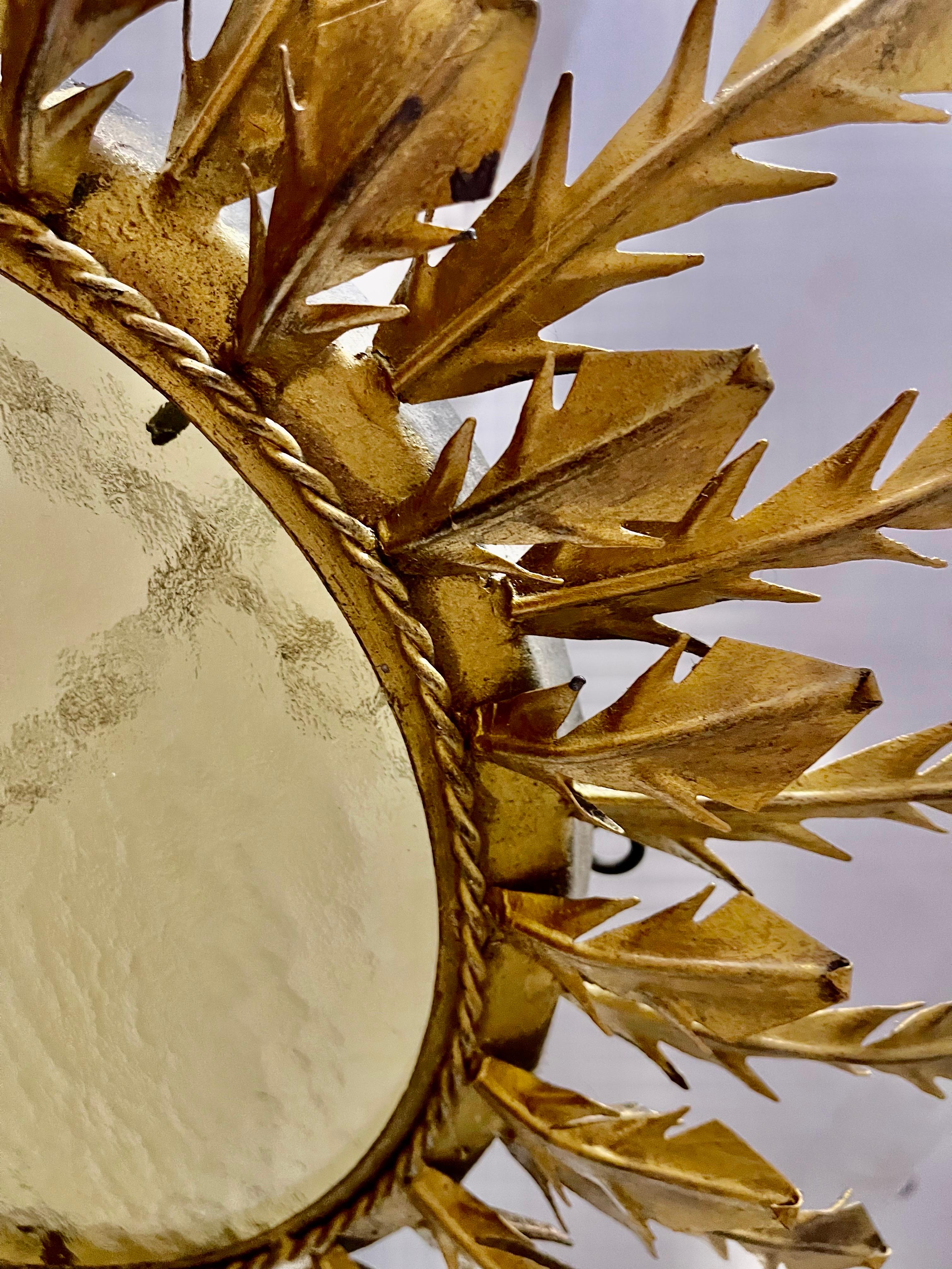 Spanish solar Crown Sunburst fixture in Gilt Metal and frost Glass , circa 1950 In Good Condition In La xara, VC