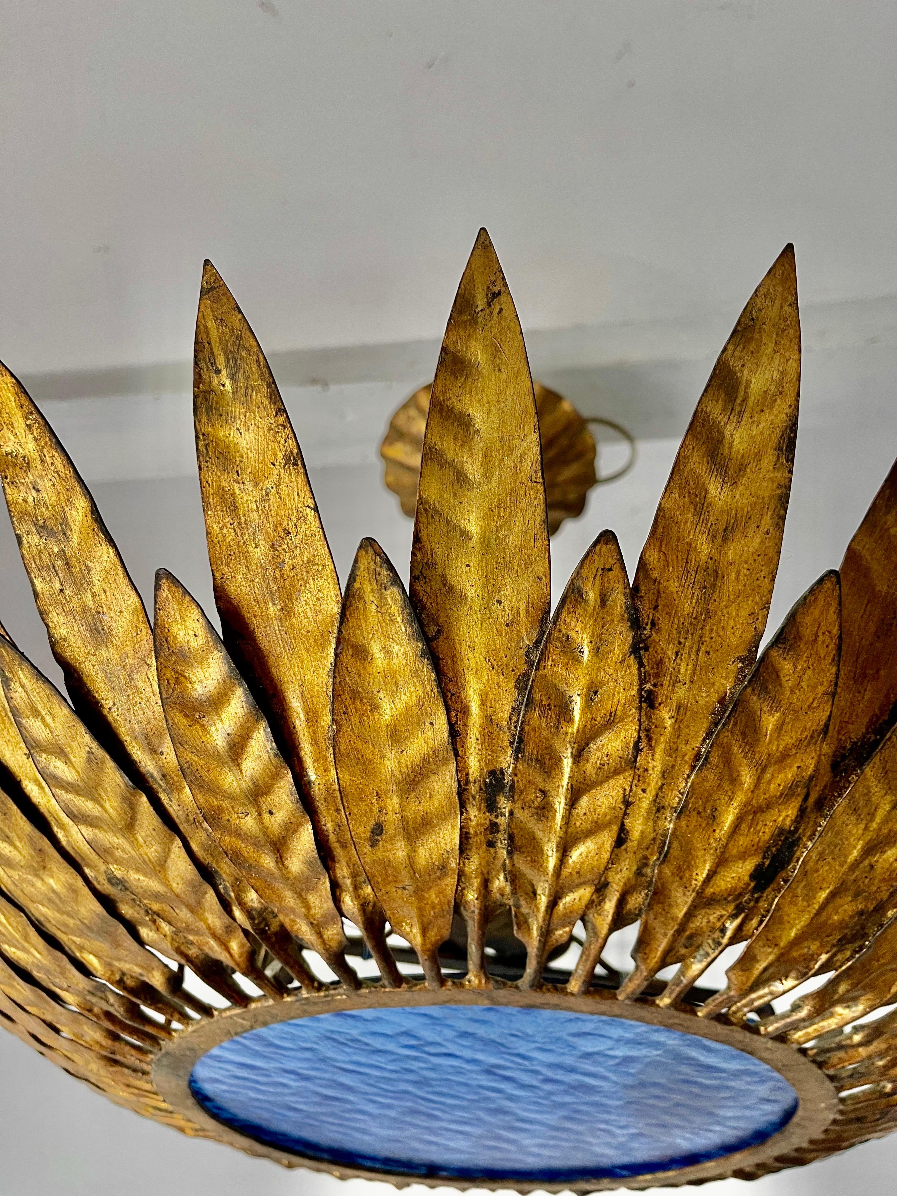 Large Spanish Crown Sunburst fixture in Gilt Metal and frost Glass , circa 1950 In Good Condition In La xara, VC