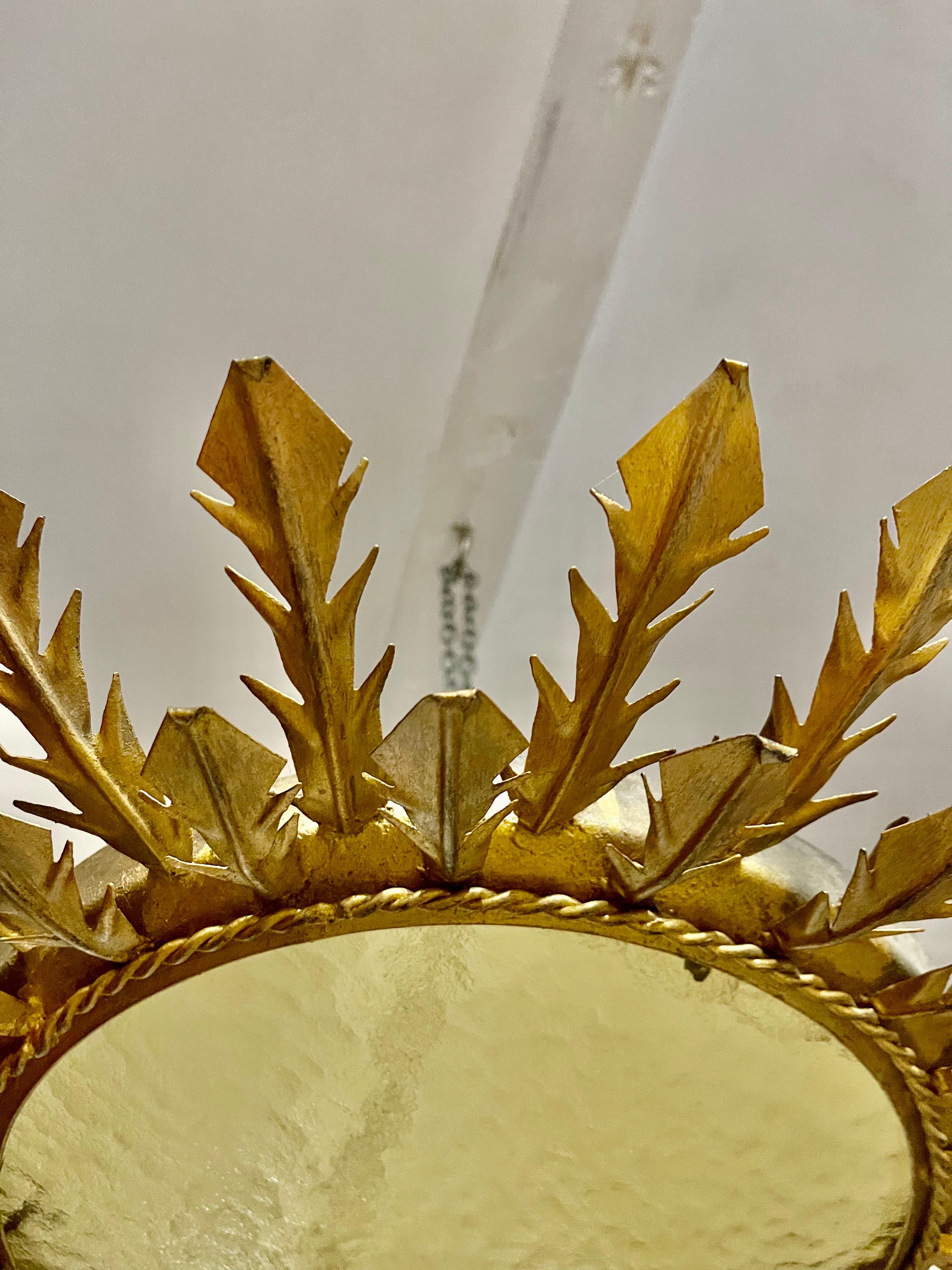 Mid-20th Century Spanish solar Crown Sunburst fixture in Gilt Metal and frost Glass , circa 1950