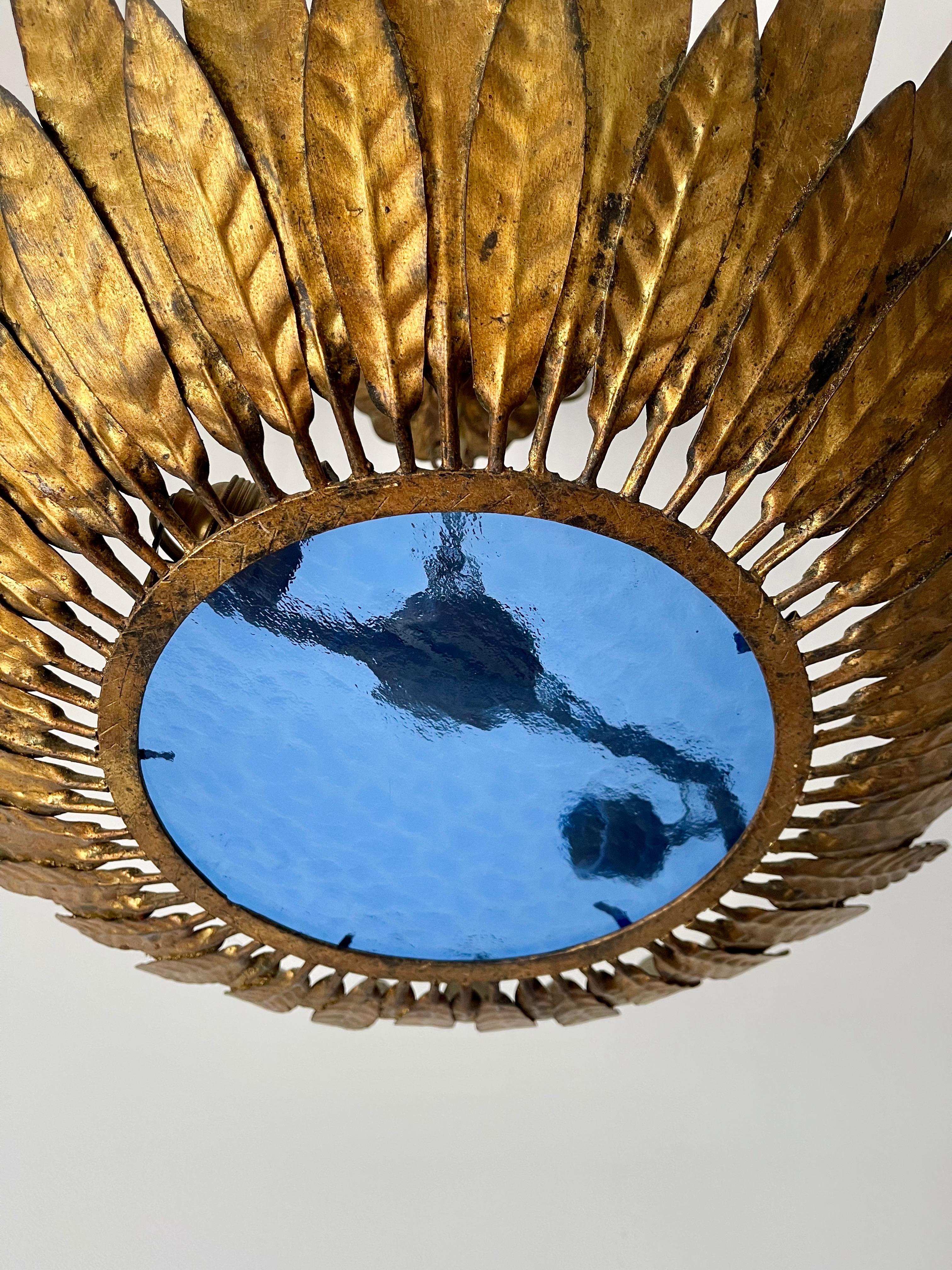 Mid-20th Century Large Spanish Crown Sunburst fixture in Gilt Metal and frost Glass , circa 1950