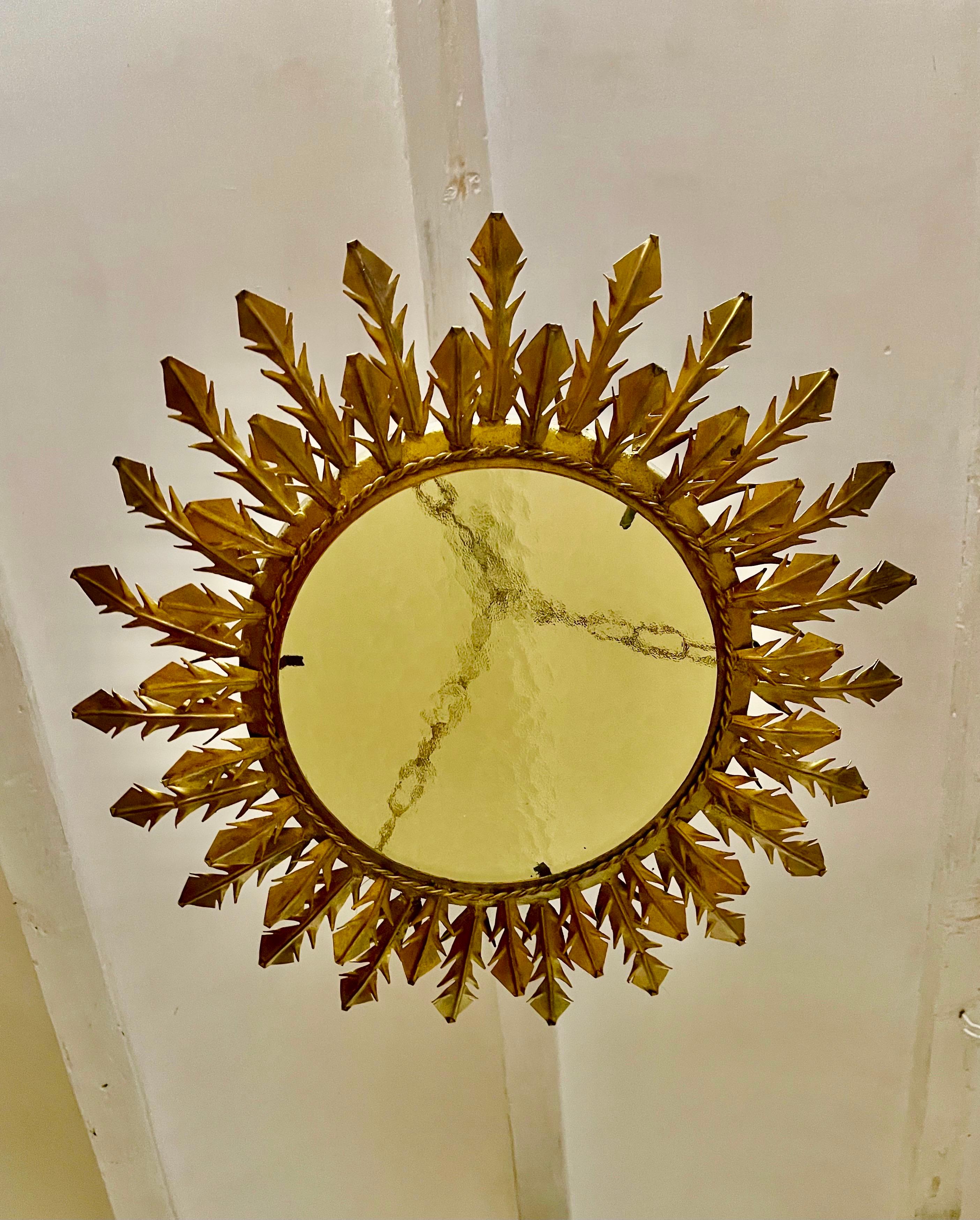 Spanish solar Crown Sunburst fixture in Gilt Metal and frost Glass , circa 1950 1