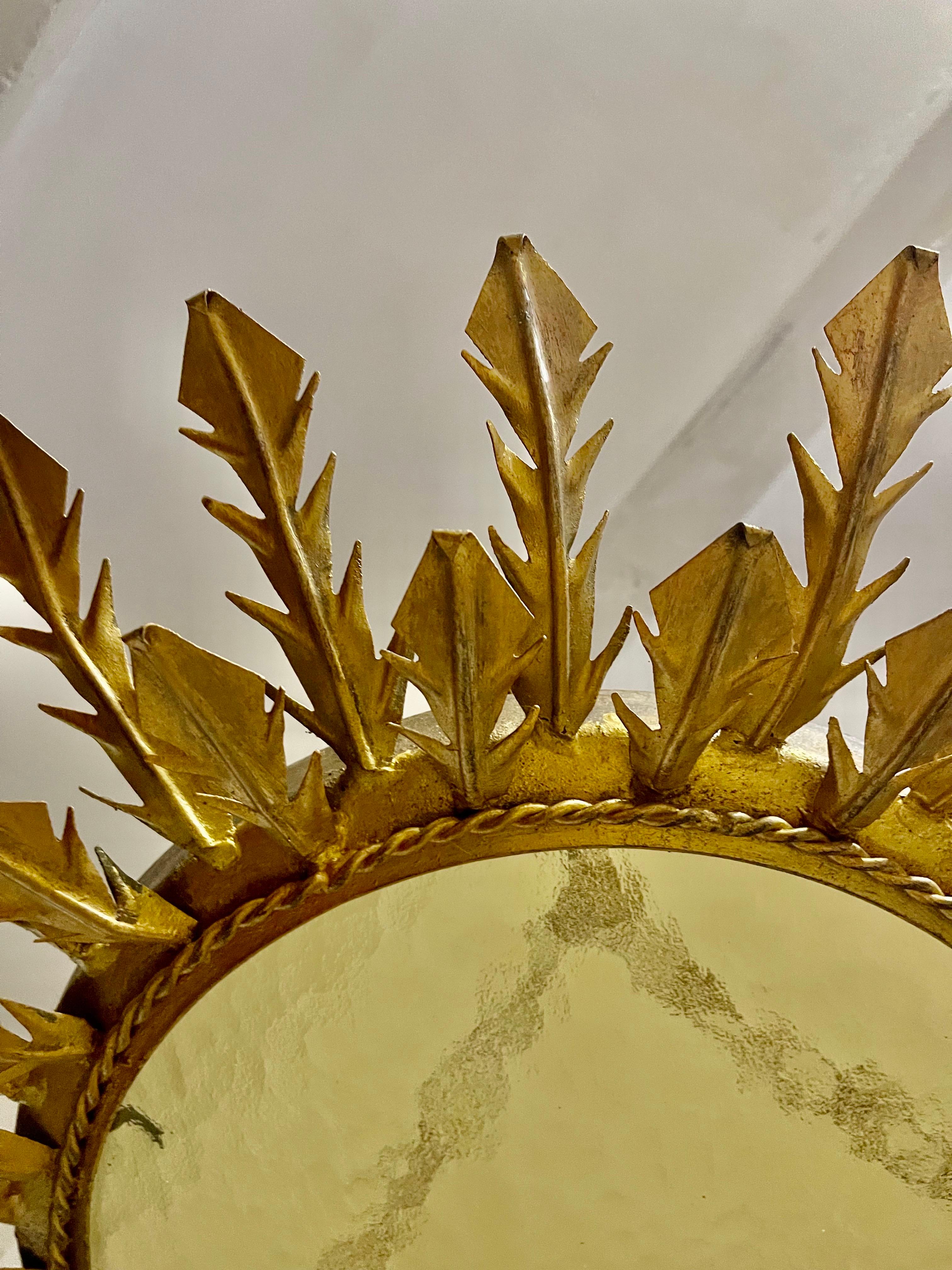Spanish solar Crown Sunburst fixture in Gilt Metal and frost Glass , circa 1950 3