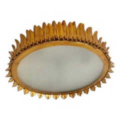 Large Spanish Crown Sunburst fixture in Gilt Metal and frost Glass , circa 1950 Large Spanish Crown Sunburst fixture in Gilt Metal and frost Glass , circa 1950