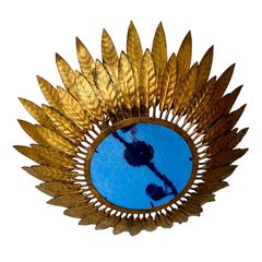 Large Spanish Crown Sunburst fixture in Gilt Metal and frost Glass , circa 1950