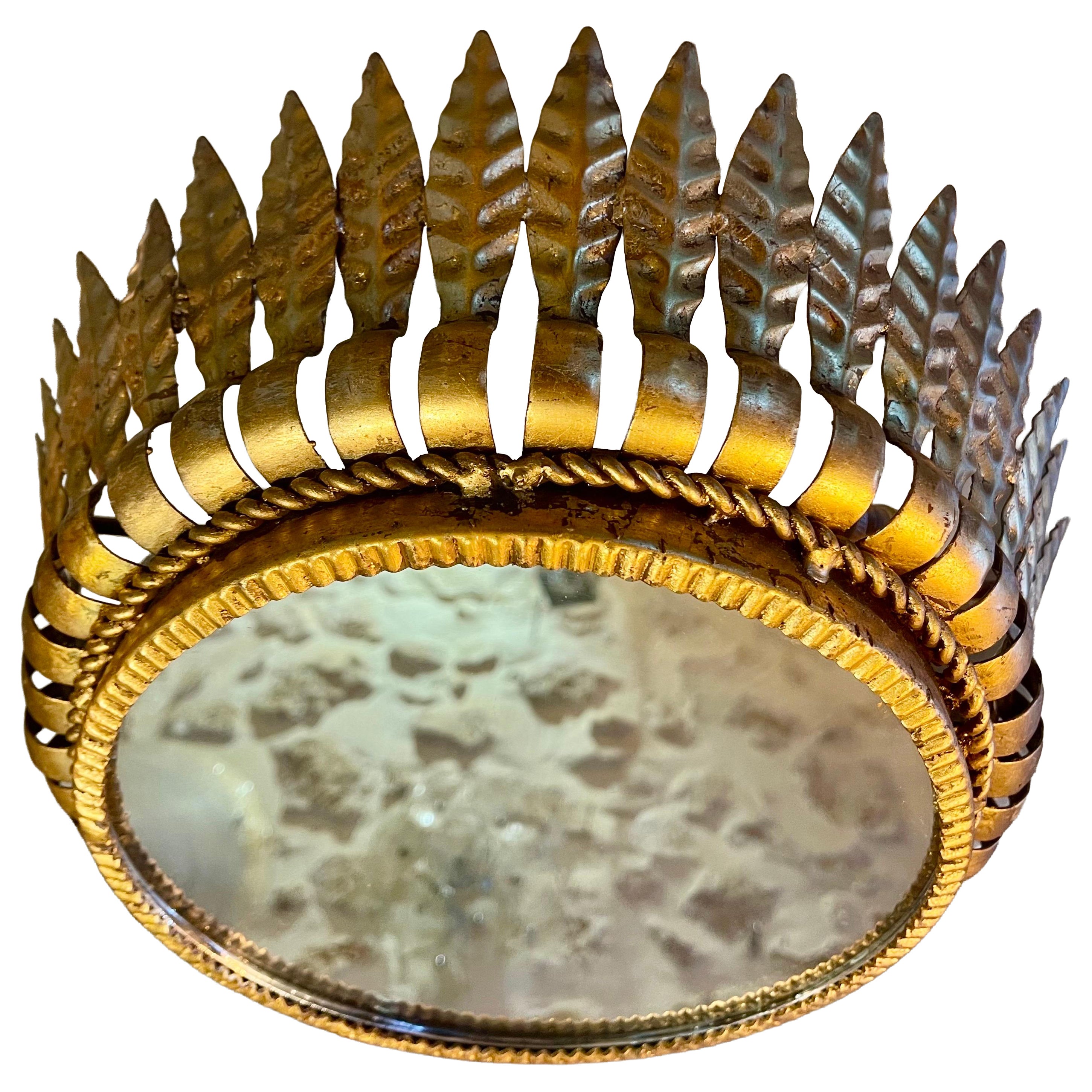 Large Spanish Crown Sunburst fixture in Gilt Metal and frost Glass , circa 1950