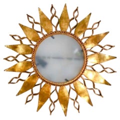 Large Spanish Crown Sunburst fixture in Gilt Metal and frost Glass , circa 1950