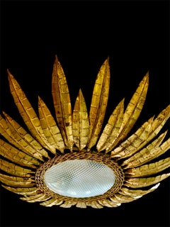 Large Spanish Crown Sunburst fixture in Gilt Metal curve Glass , circa 1950