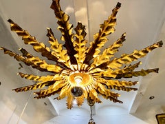 Large Crown Sunburst Flush Mount Gilt Gold, Spain 1950