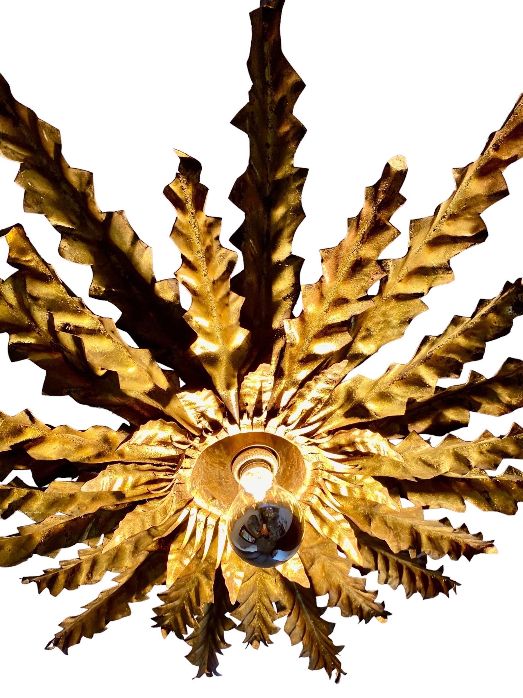 Spanish Large Crown Sunburst Flush Mount Gilt Gold, Spain 1950