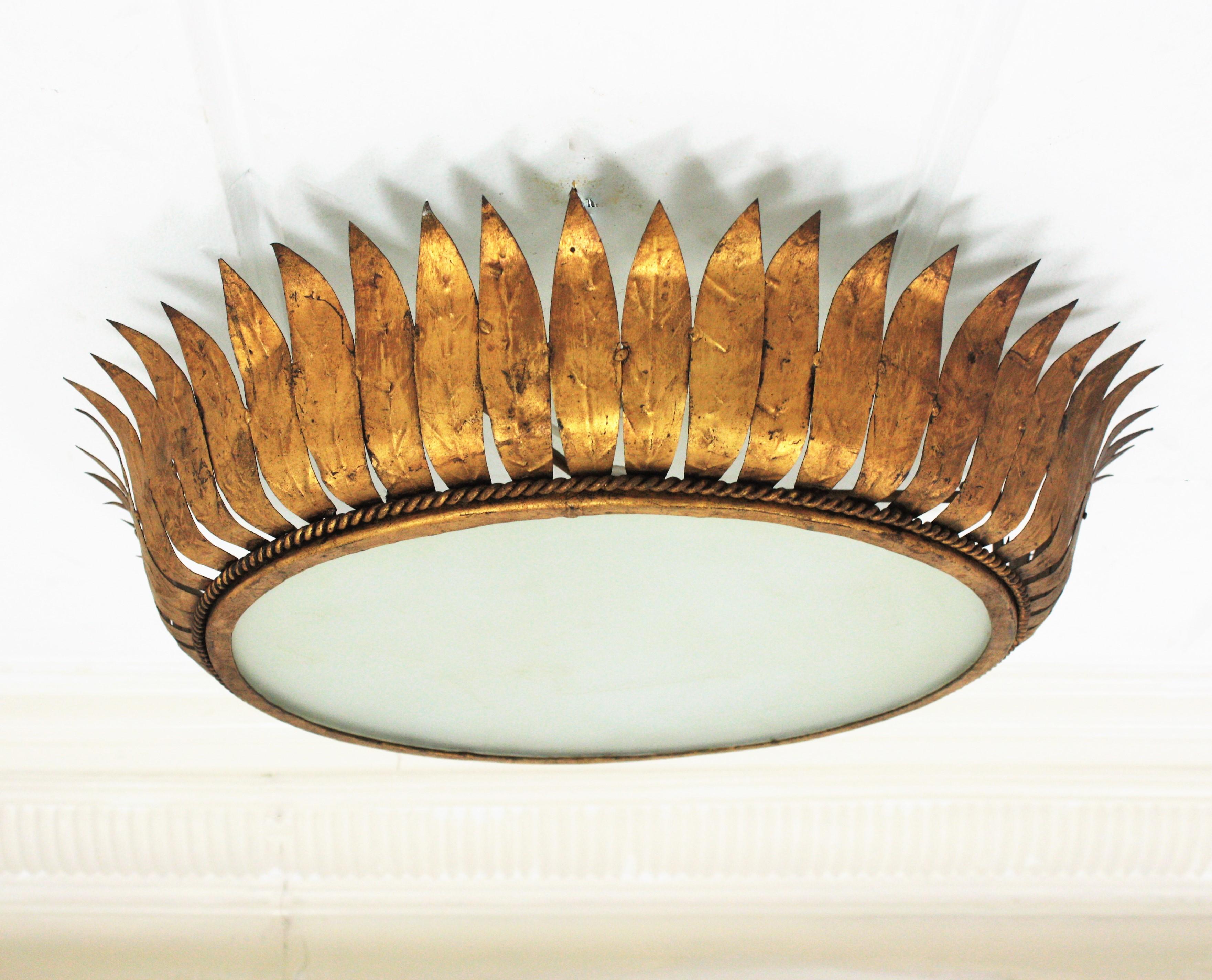 Large Spanish Crown Sunburst Flush Mount Light Fixture in Gilt Metal For Sale 6