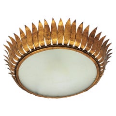 Large Spanish Crown Sunburst Flush Mount Light Fixture in Gilt Metal