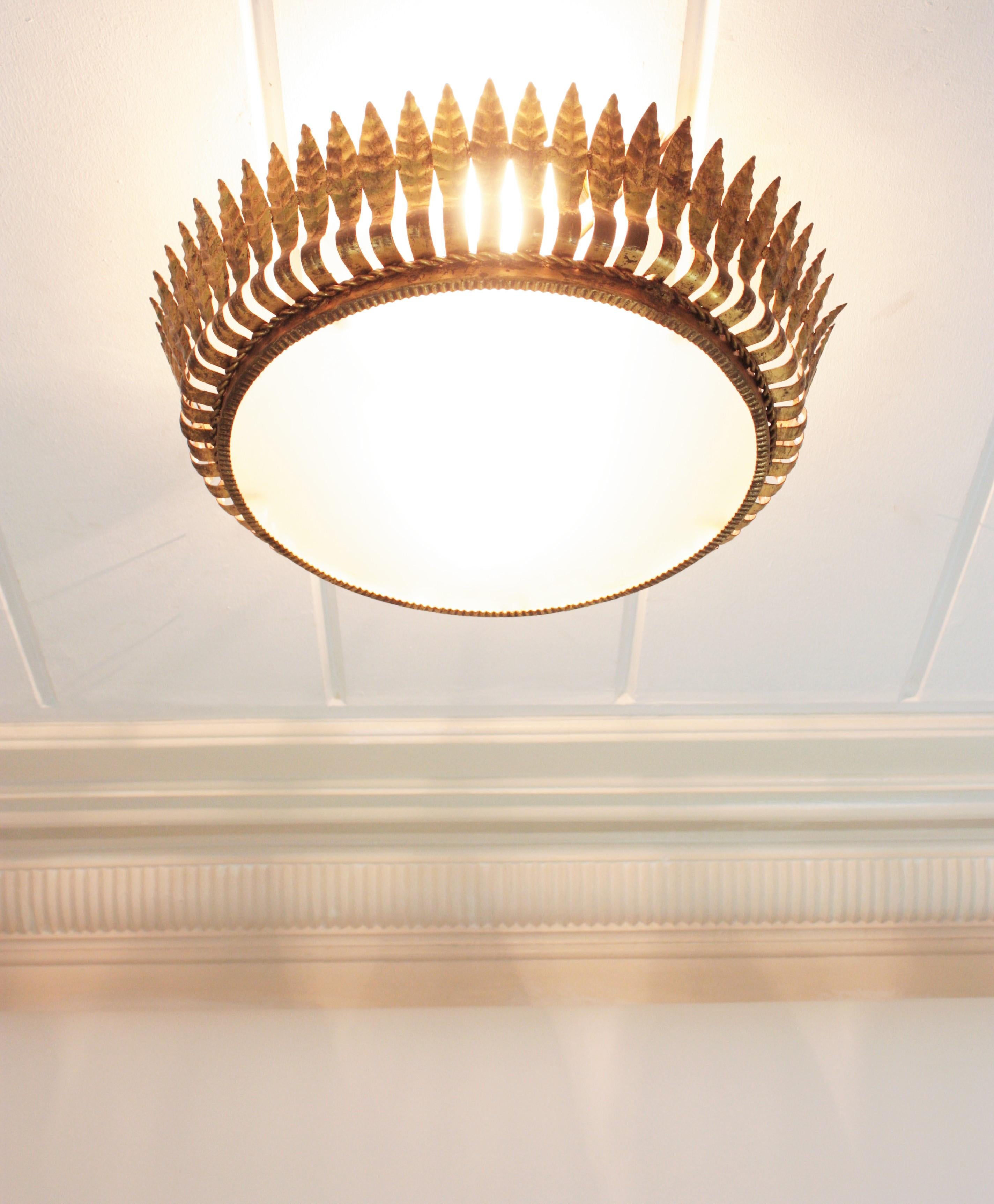 Large Spanish Crown Sunburst Leafed Light Fixture in Gilt Metal & Frosted Glass For Sale 3