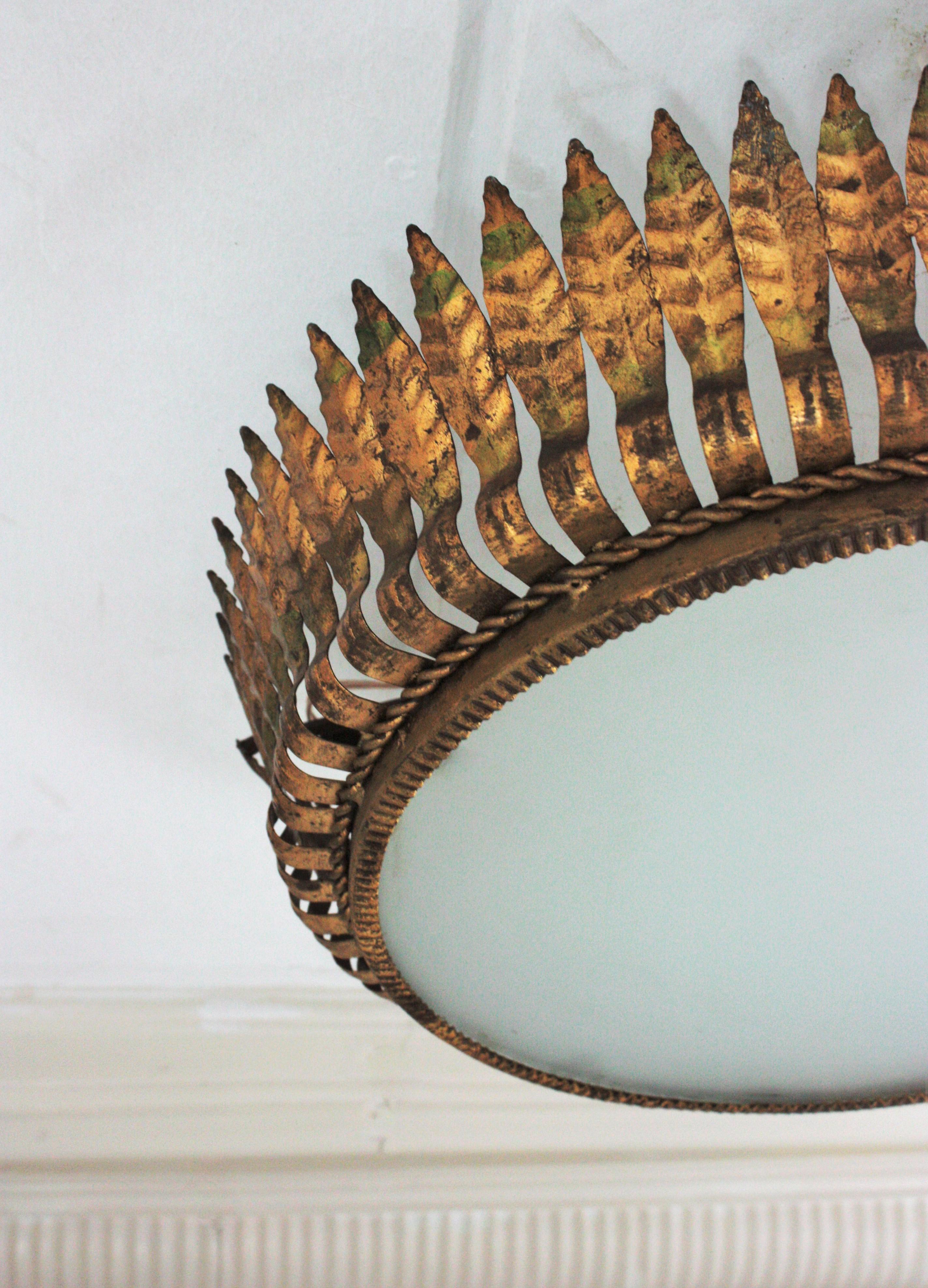 Large Spanish Crown Sunburst Leafed Light Fixture in Gilt Metal & Frosted Glass For Sale 6