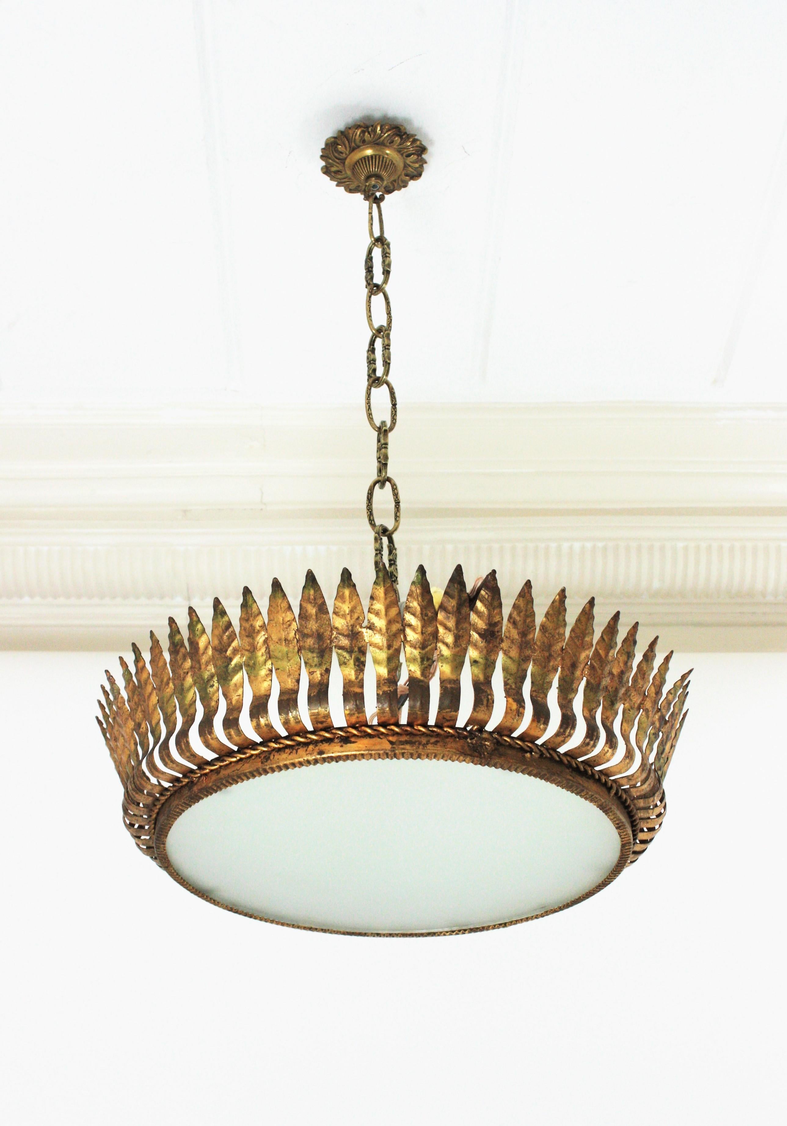 Large Spanish Crown Sunburst Leafed Light Fixture in Gilt Metal & Frosted Glass For Sale 10