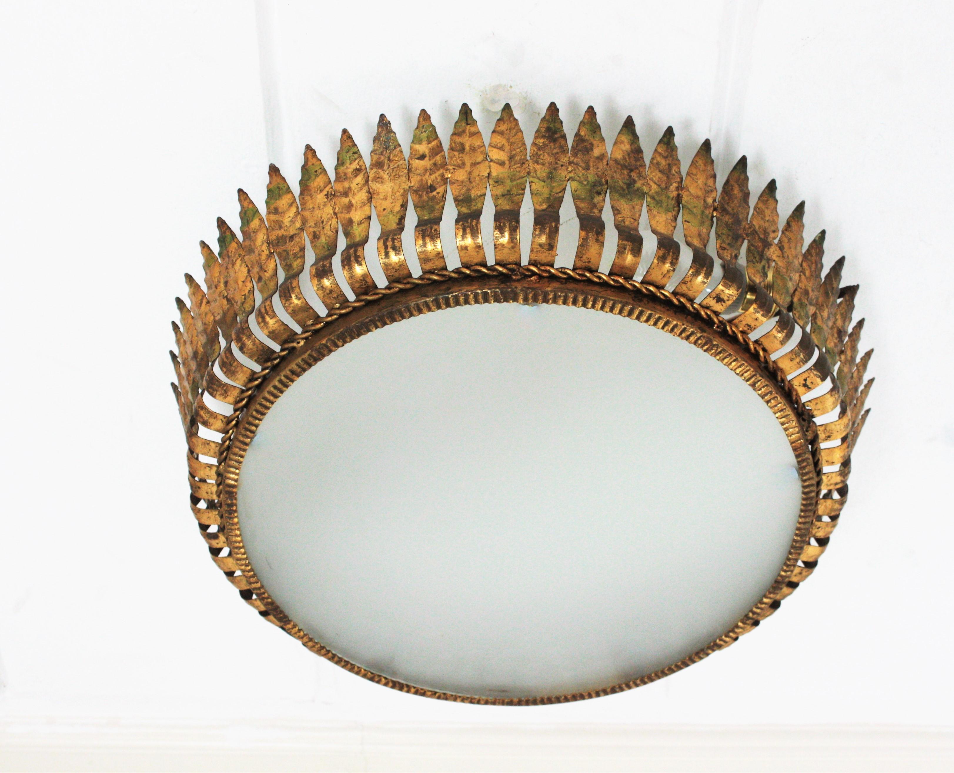 20th Century Large Spanish Crown Sunburst Leafed Light Fixture in Gilt Metal & Frosted Glass For Sale