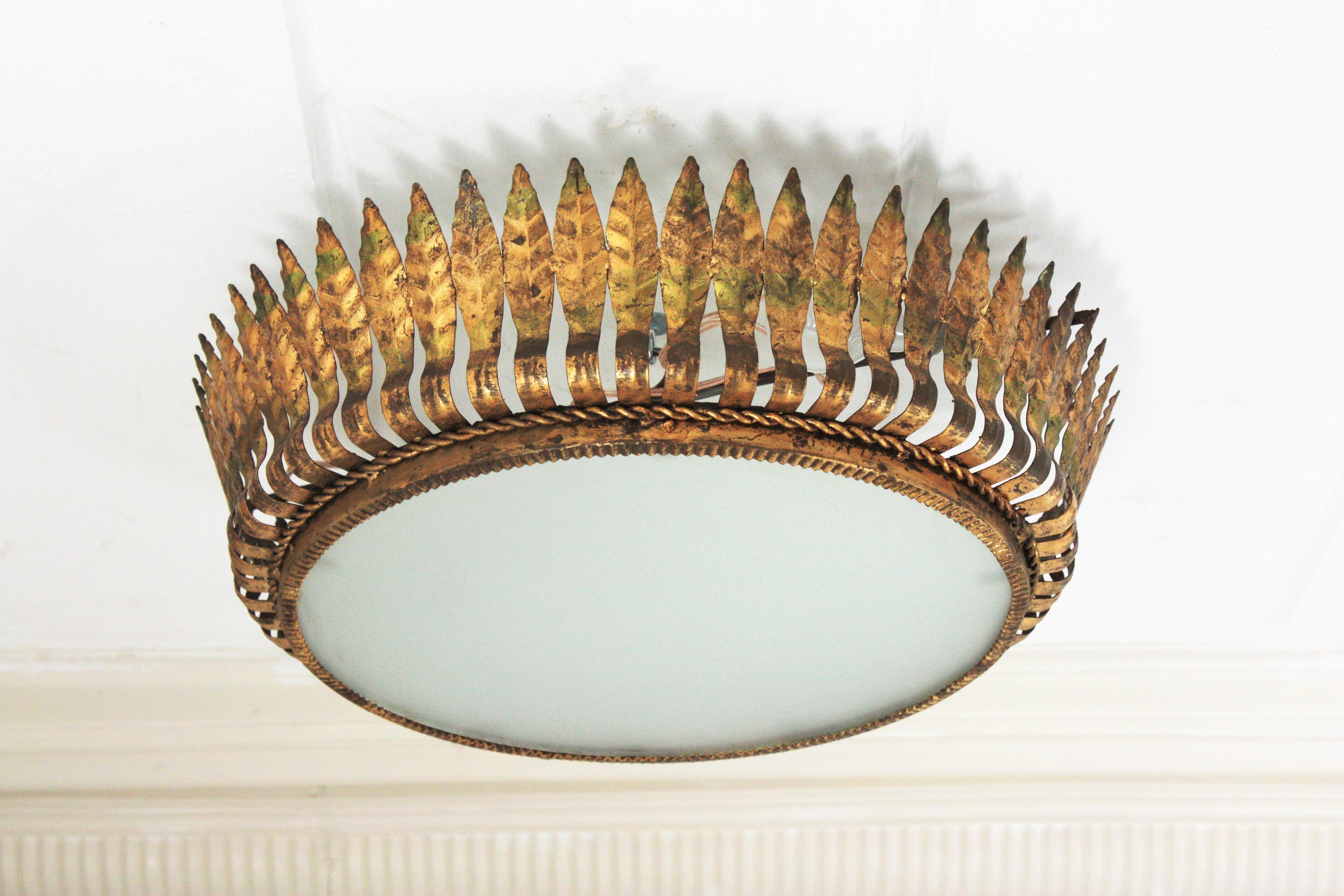 Large Spanish Crown Sunburst Leafed Light Fixture in Gilt Metal & Frosted Glass For Sale 2