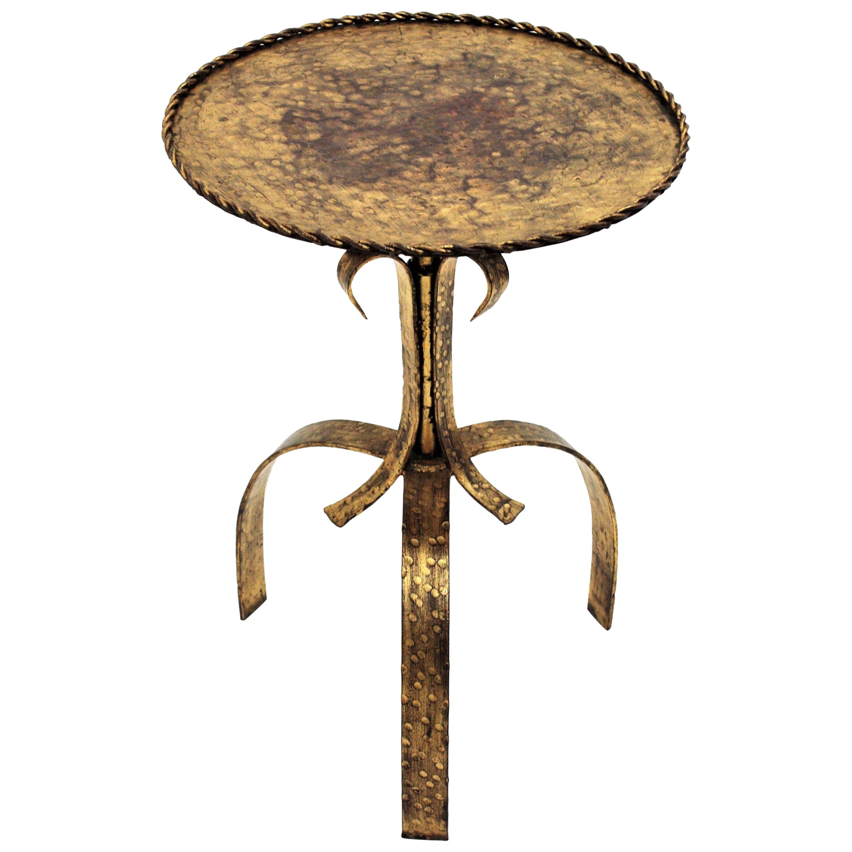 Large Spanish Drink Table Gueridon in Wrought Gilt Iron, 1940s