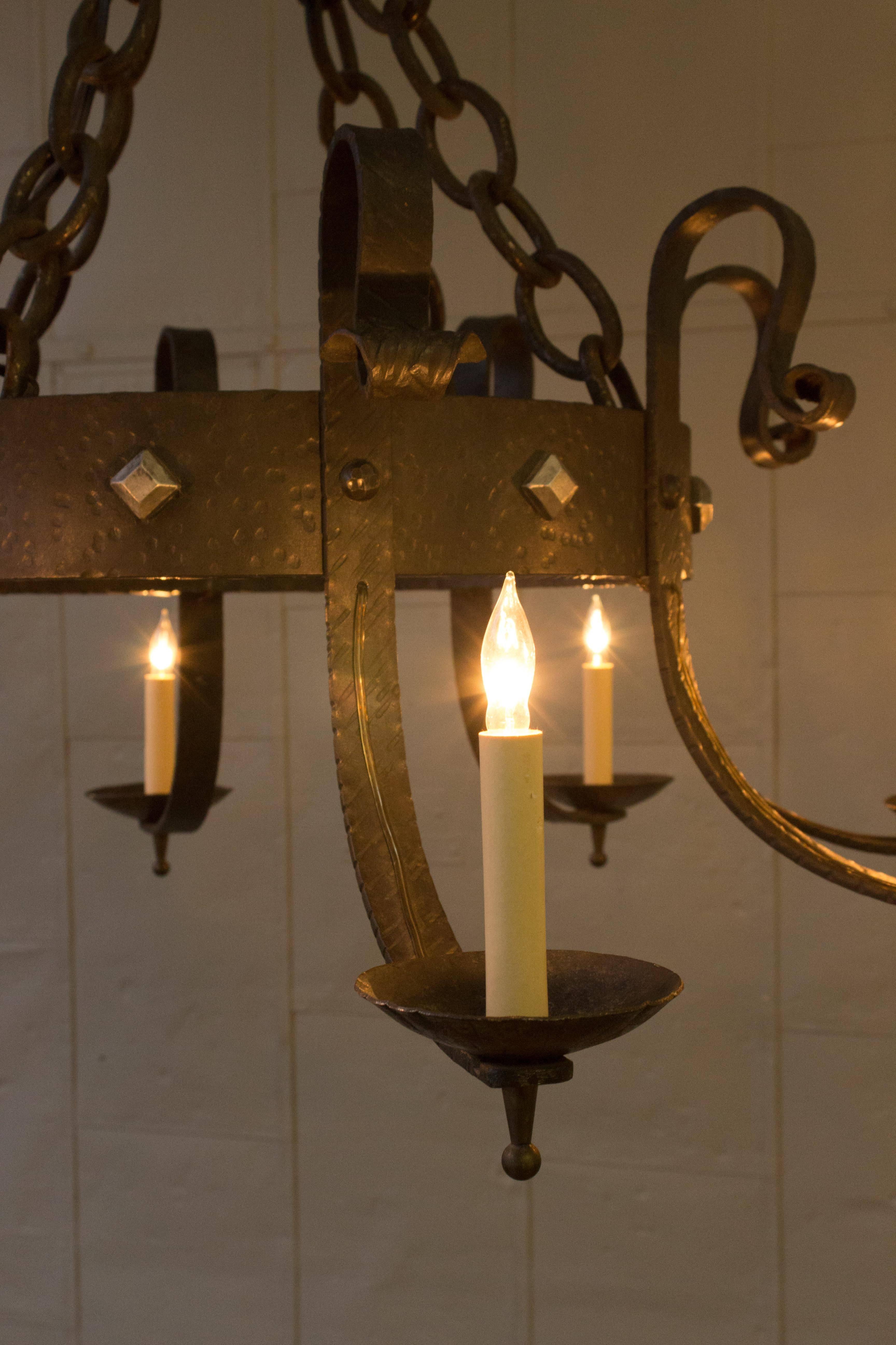 Hammered Large Spanish Eight Arm Iron Chandelier For Sale