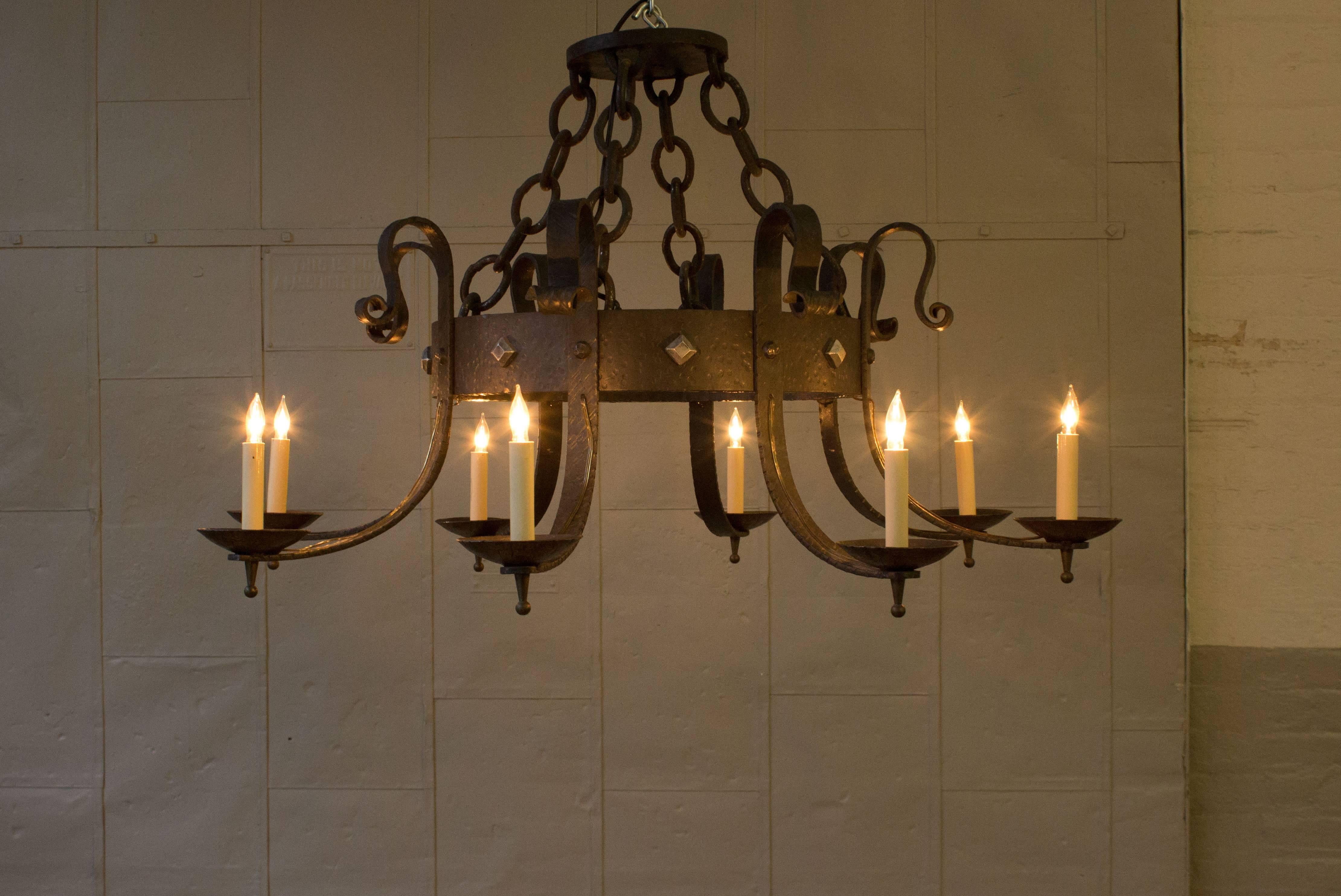 Large Spanish Eight Arm Iron Chandelier For Sale 1