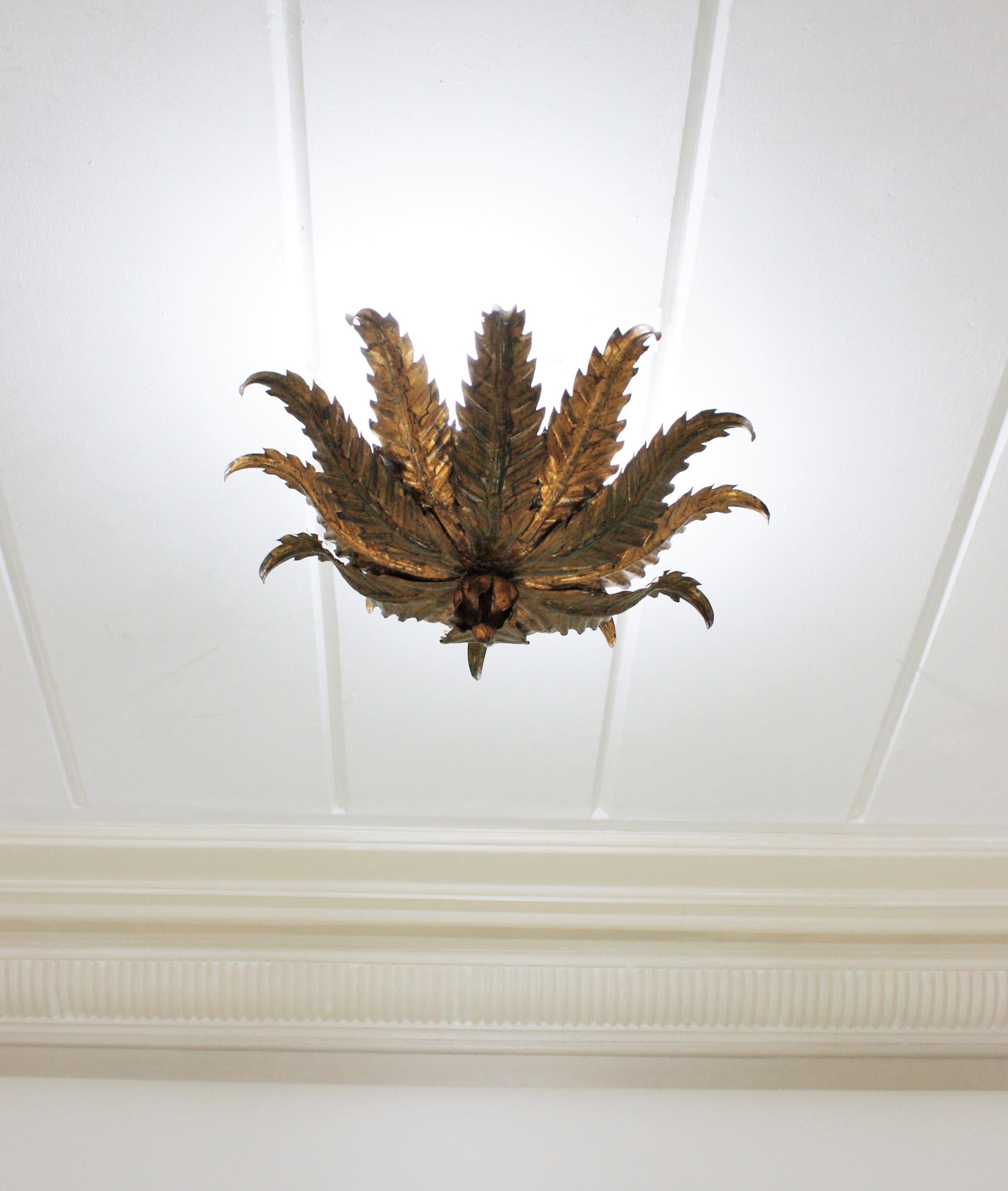 Spanish Sunburst Foliage Flush Mount Light Fixture in Gilt Wrought Iron 5