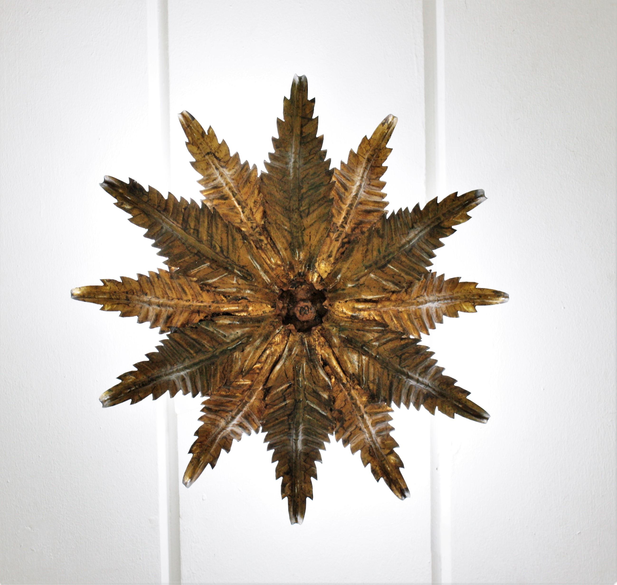 Spanish Sunburst Foliage Flush Mount Light Fixture in Gilt Wrought Iron 7