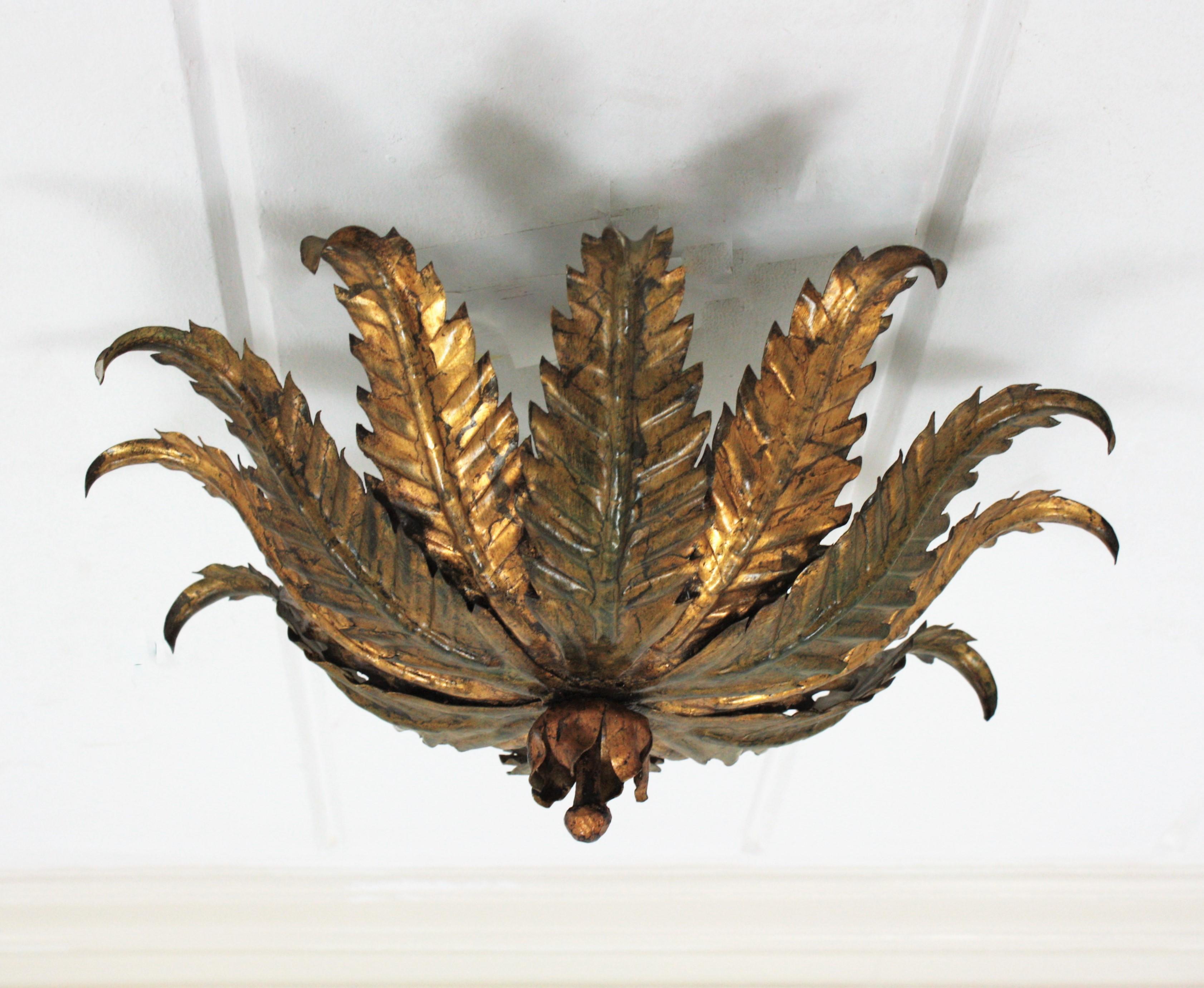 20th Century Spanish Sunburst Foliage Flush Mount Light Fixture in Gilt Wrought Iron