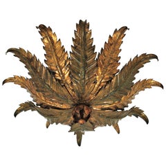 Spanish Sunburst Foliage Flush Mount Light Fixture in Gilt Wrought Iron