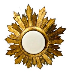 Große spanische vergoldete Krone Flush Mount rund gebogene Glas, um 1950