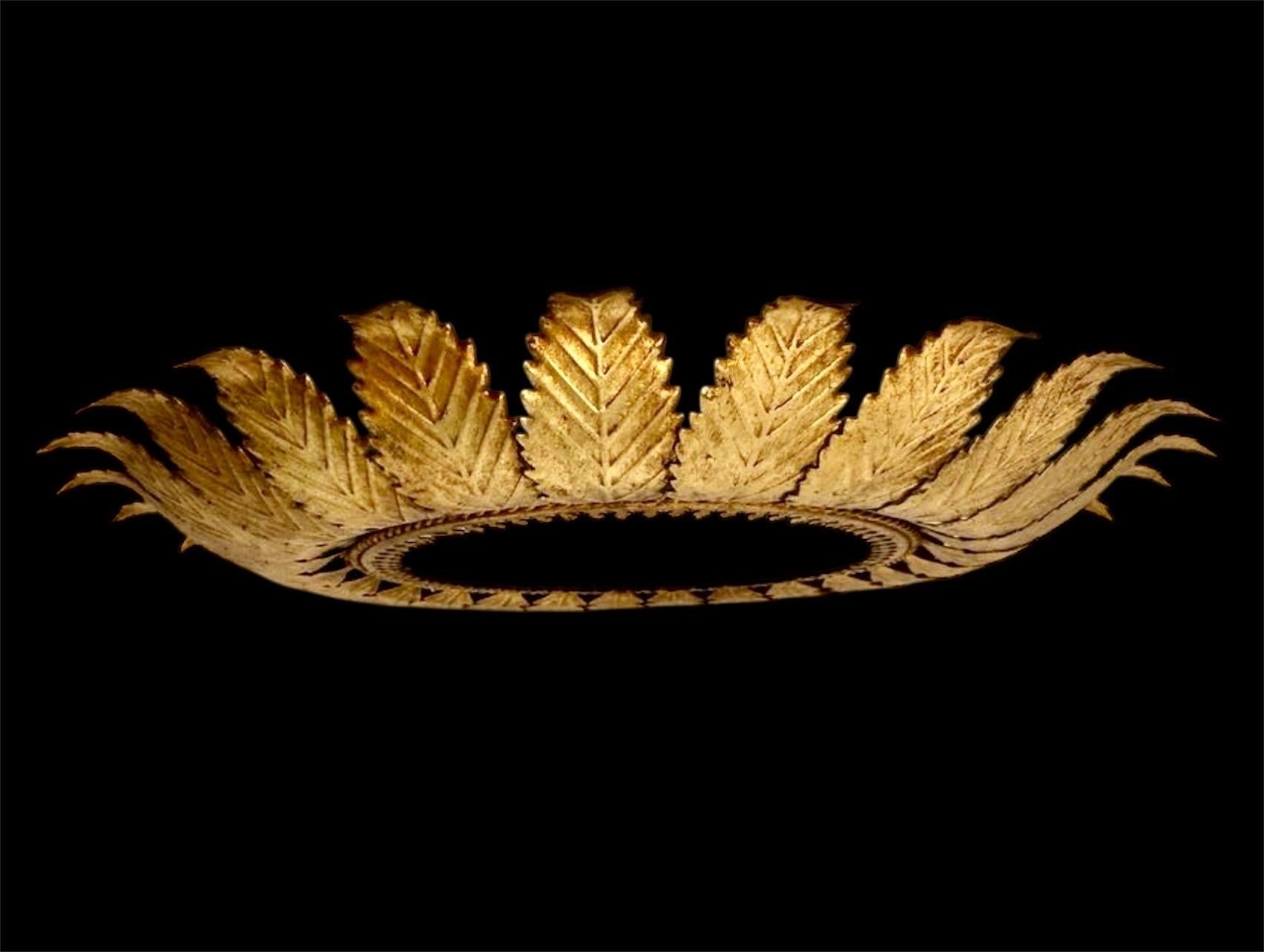 Mid-Century Modern Large Spanish gilt gold Sunburst Flush Mount round glass , circa 1950 For Sale