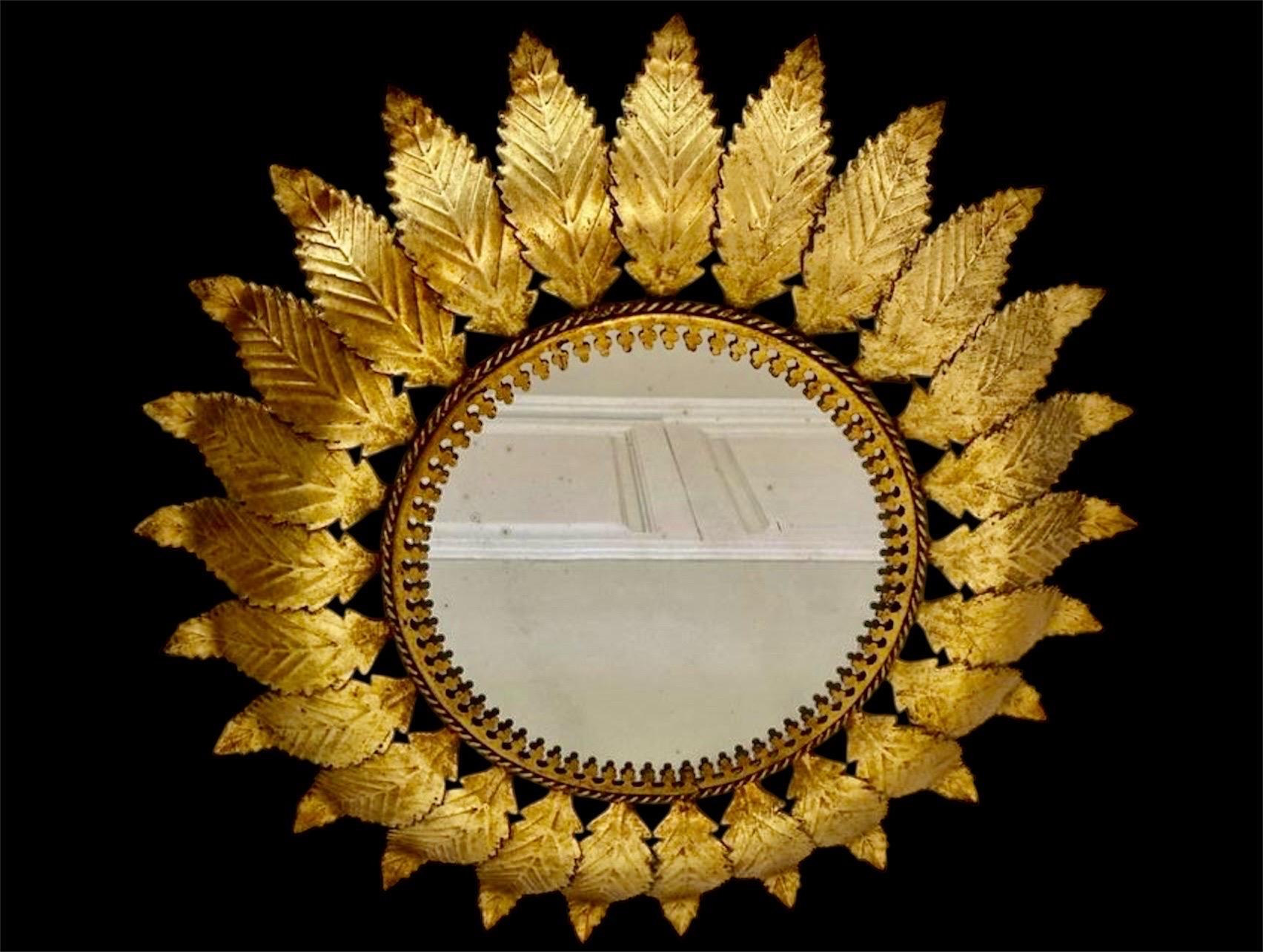 Frosted Large Spanish gilt gold Sunburst Flush Mount round glass , circa 1950 For Sale
