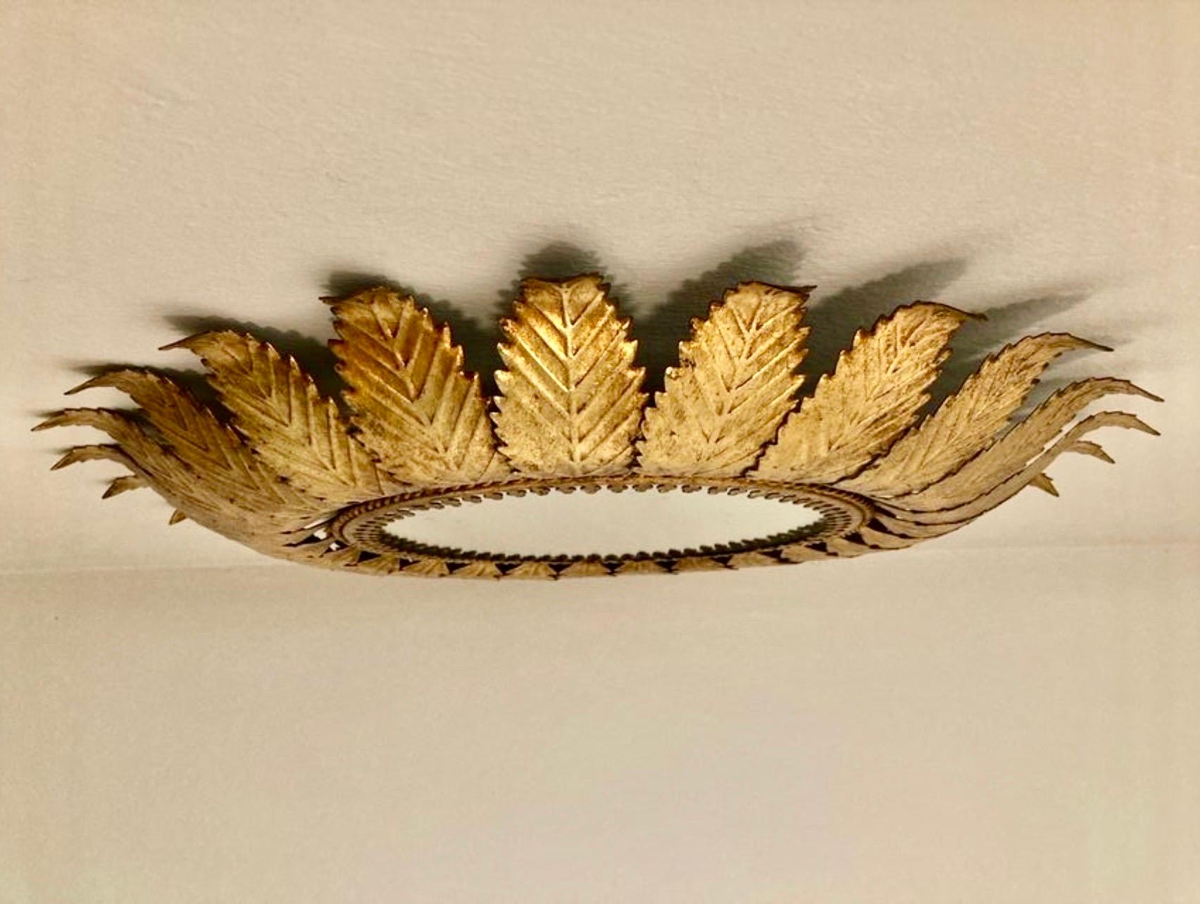 Large Spanish gilt gold Sunburst Flush Mount round glass , circa 1950 In Good Condition For Sale In La xara, VC