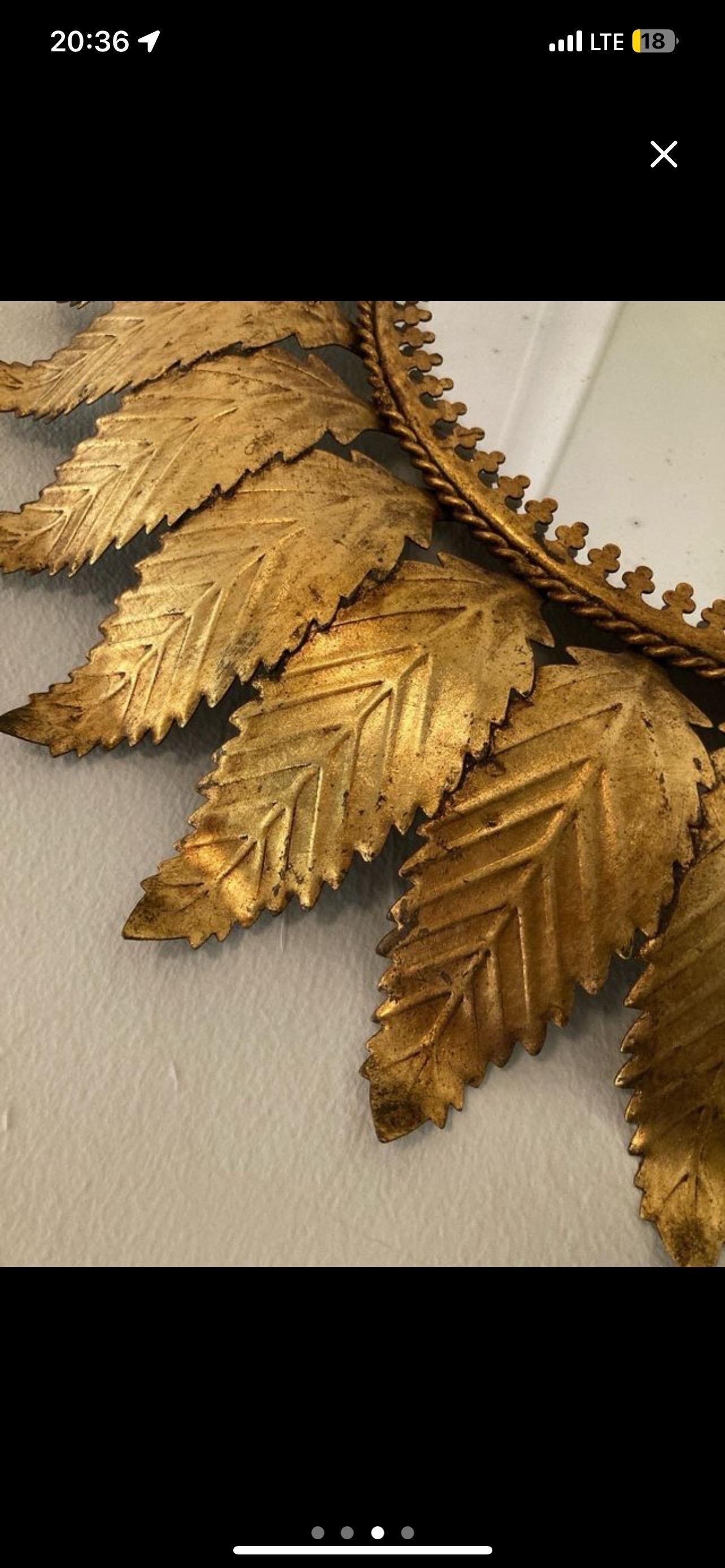 Mid-20th Century Large Spanish gilt gold Sunburst Flush Mount round glass , circa 1950 For Sale