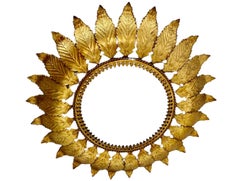 Large Spanish gilt gold Sunburst Flush Mount round glass , circa 1950