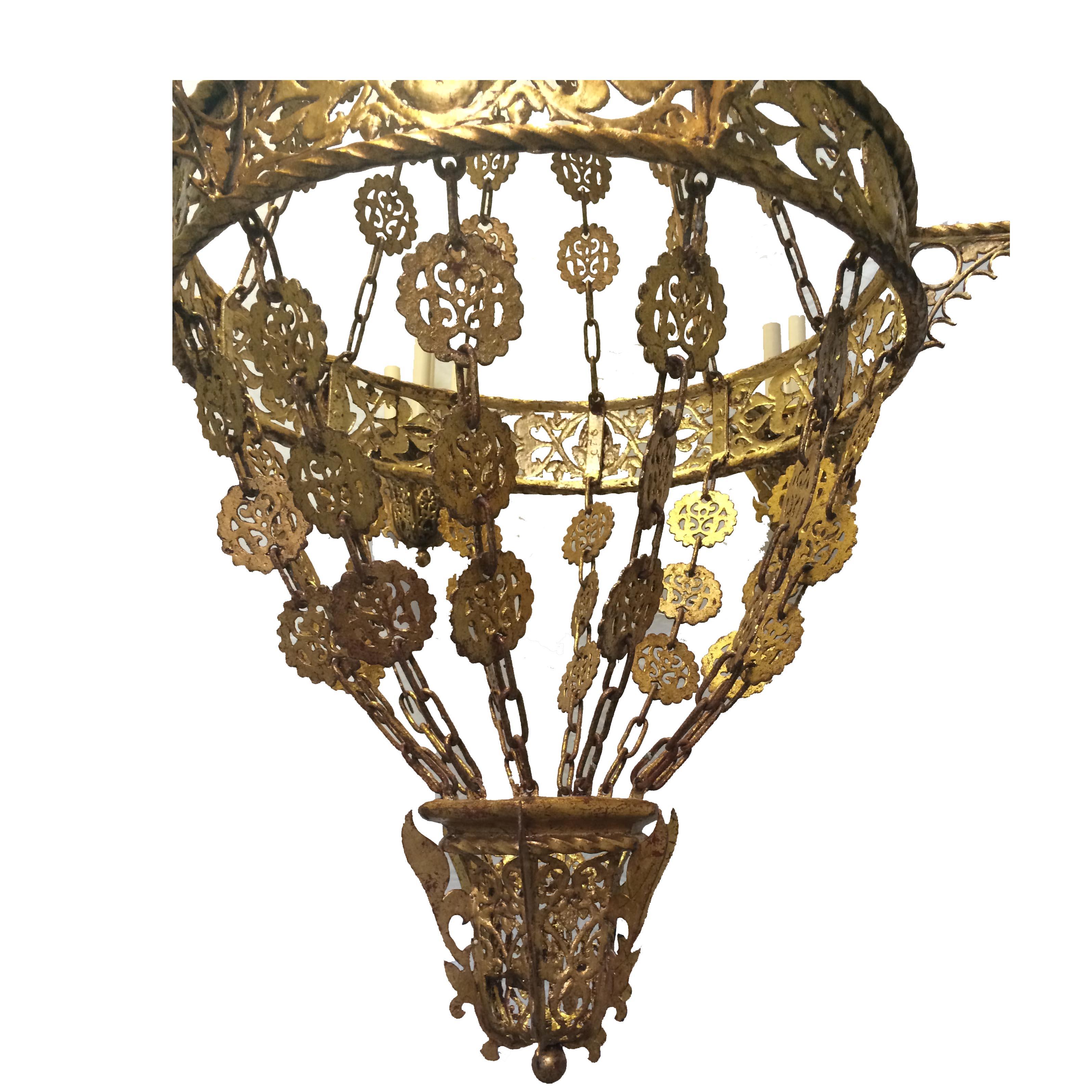 Early 20th Century Large Spanish Gilt Metal Chandelier For Sale