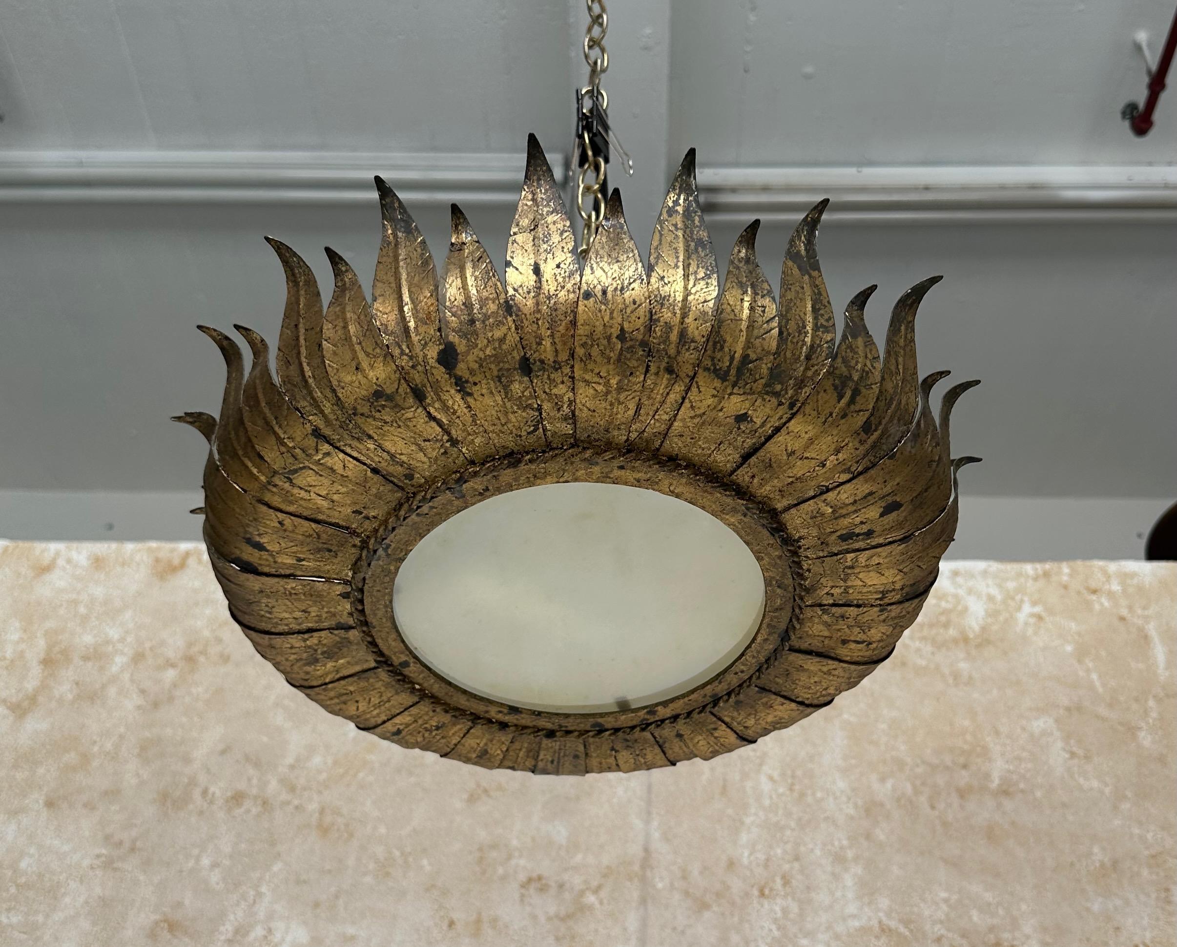 Hand-Crafted Large Spanish Gilt Metal Crown Ceiling Fixture