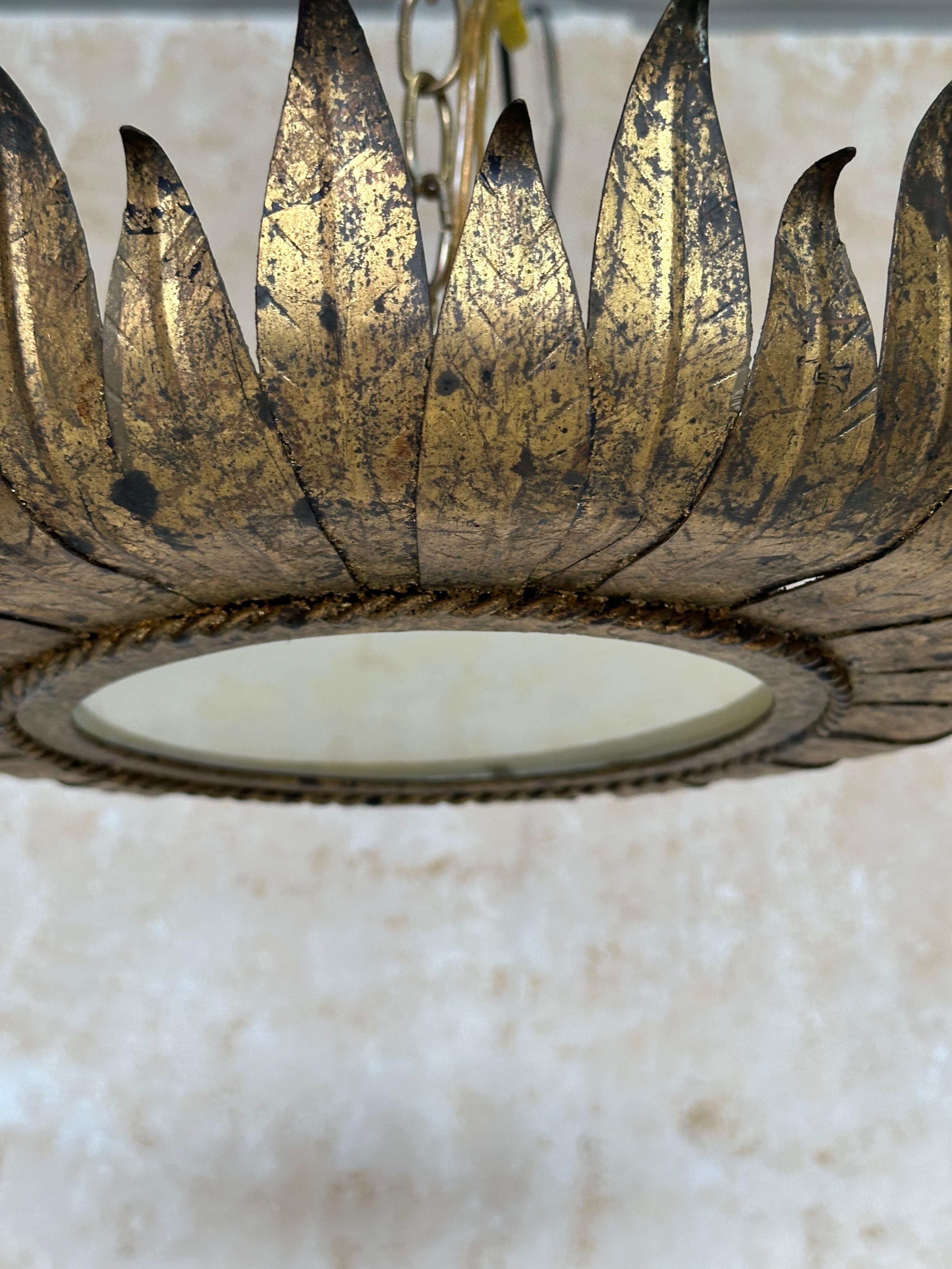 Large Spanish Gilt Metal Crown Ceiling Fixture In Good Condition In Buchanan, NY
