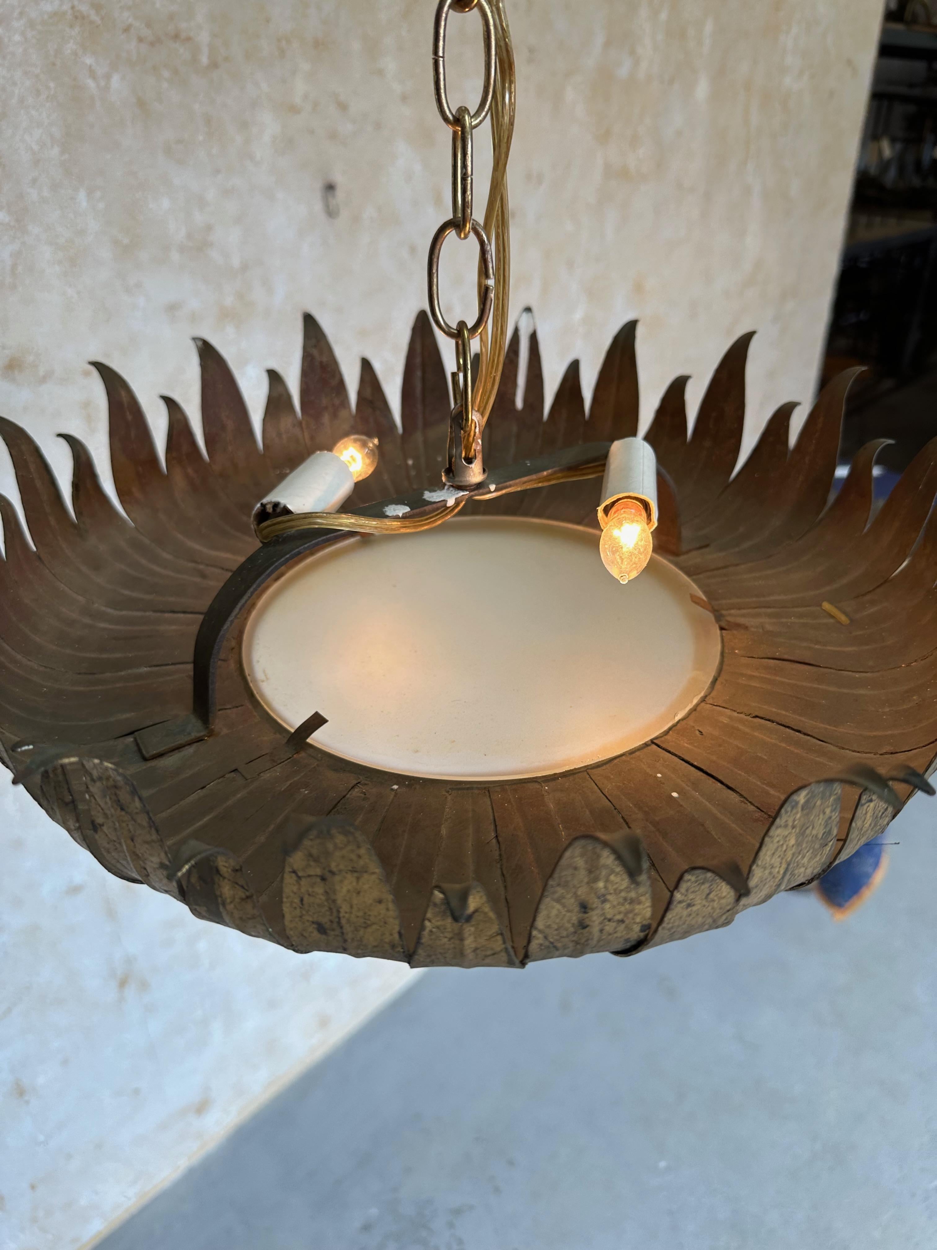 Glass Large Spanish Gilt Metal Crown Ceiling Fixture