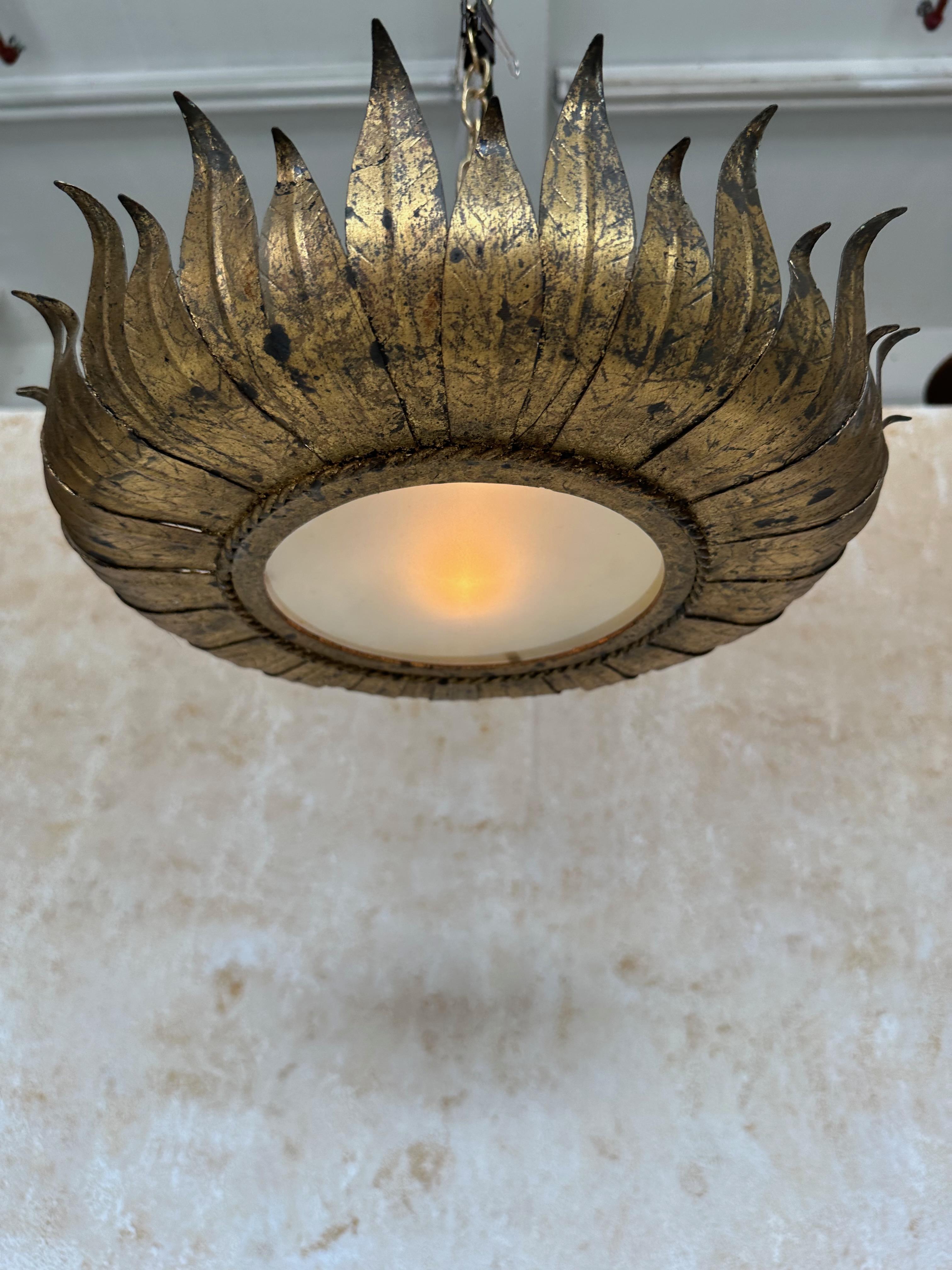 Large Spanish Gilt Metal Crown Ceiling Fixture 1