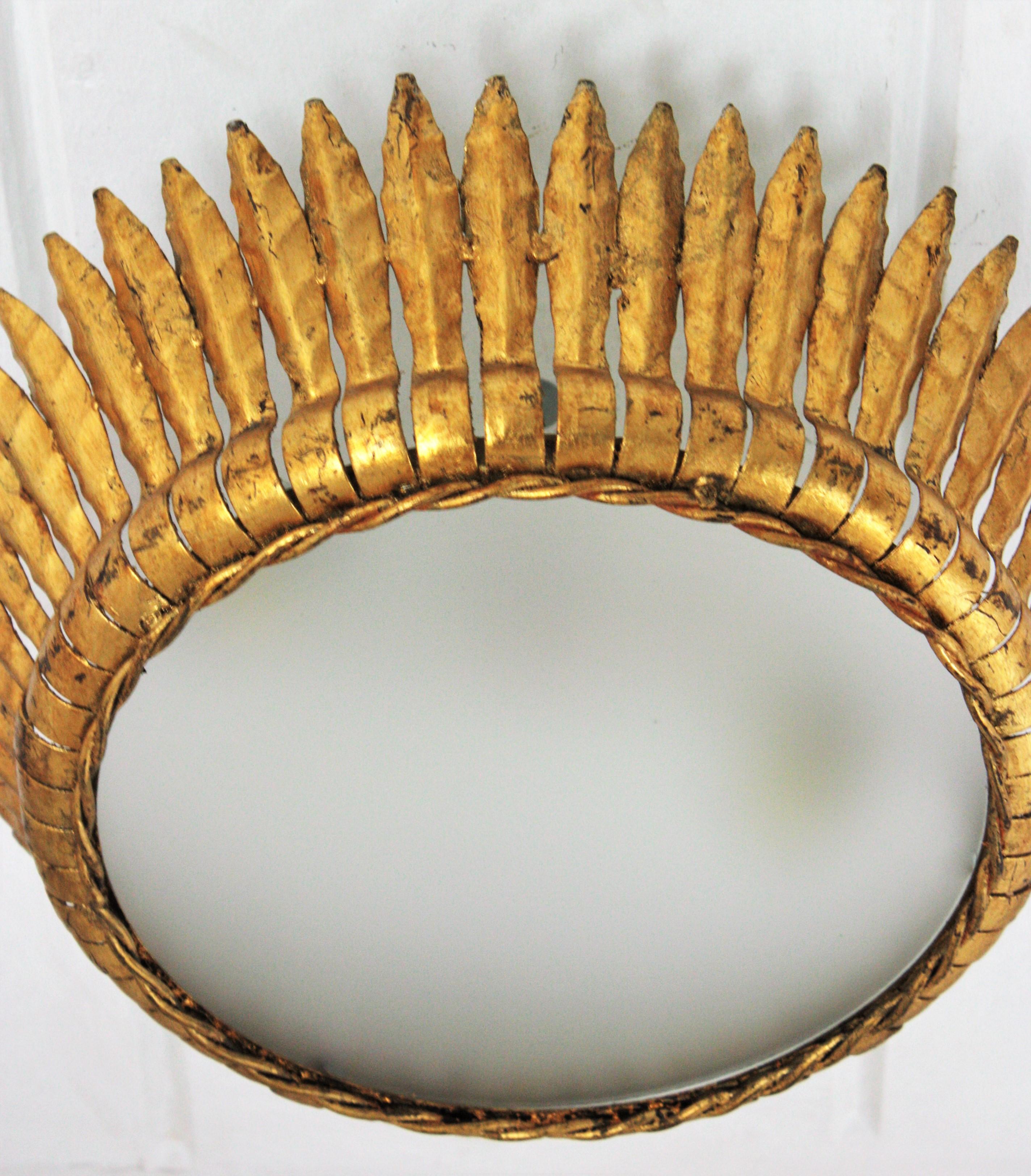 Large Spanish Gilt Metal Crown Sunburst Leafed Light Fixture with Frosted Glass 5