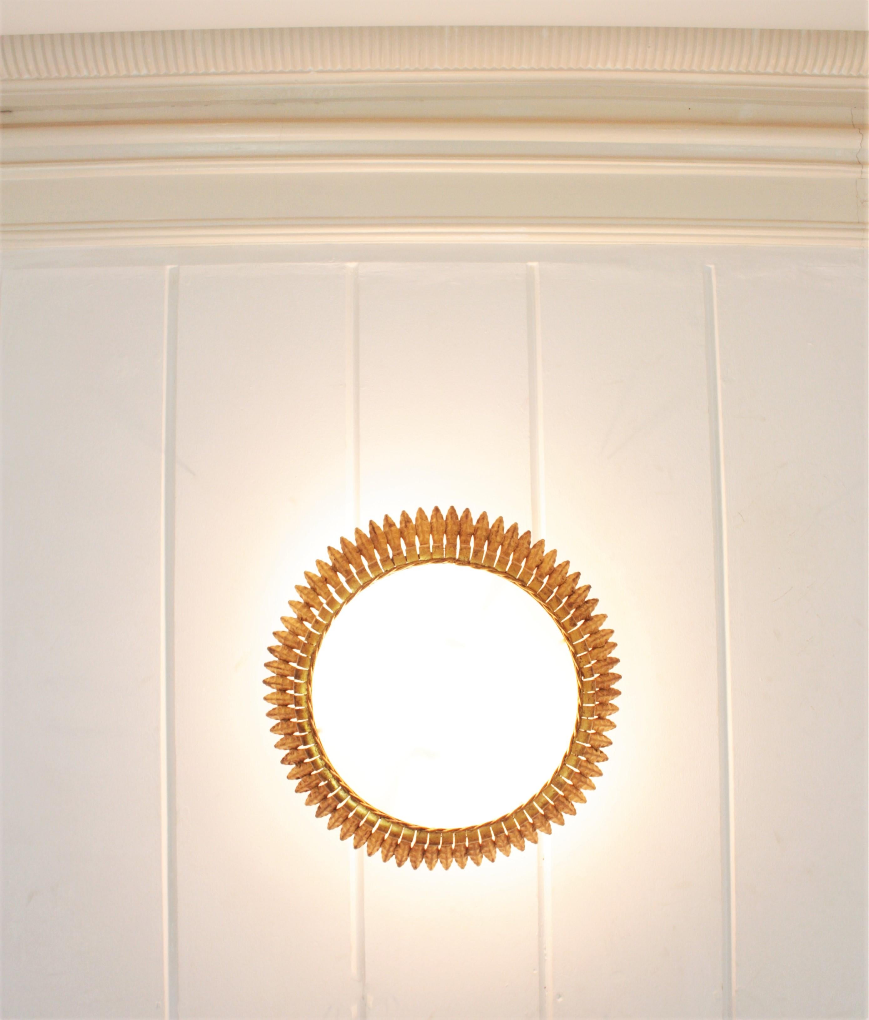 Large Spanish Gilt Metal Crown Sunburst Leafed Light Fixture with Frosted Glass 7