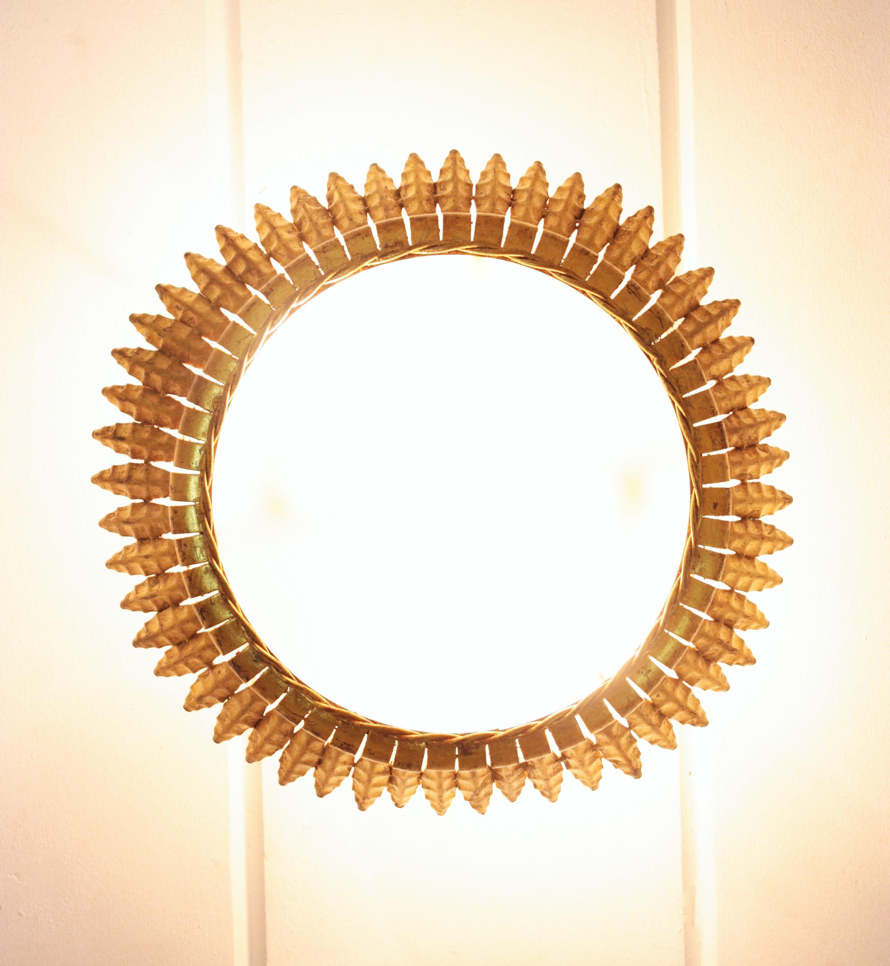 Large Spanish Gilt Metal Crown Sunburst Leafed Light Fixture with Frosted Glass 8
