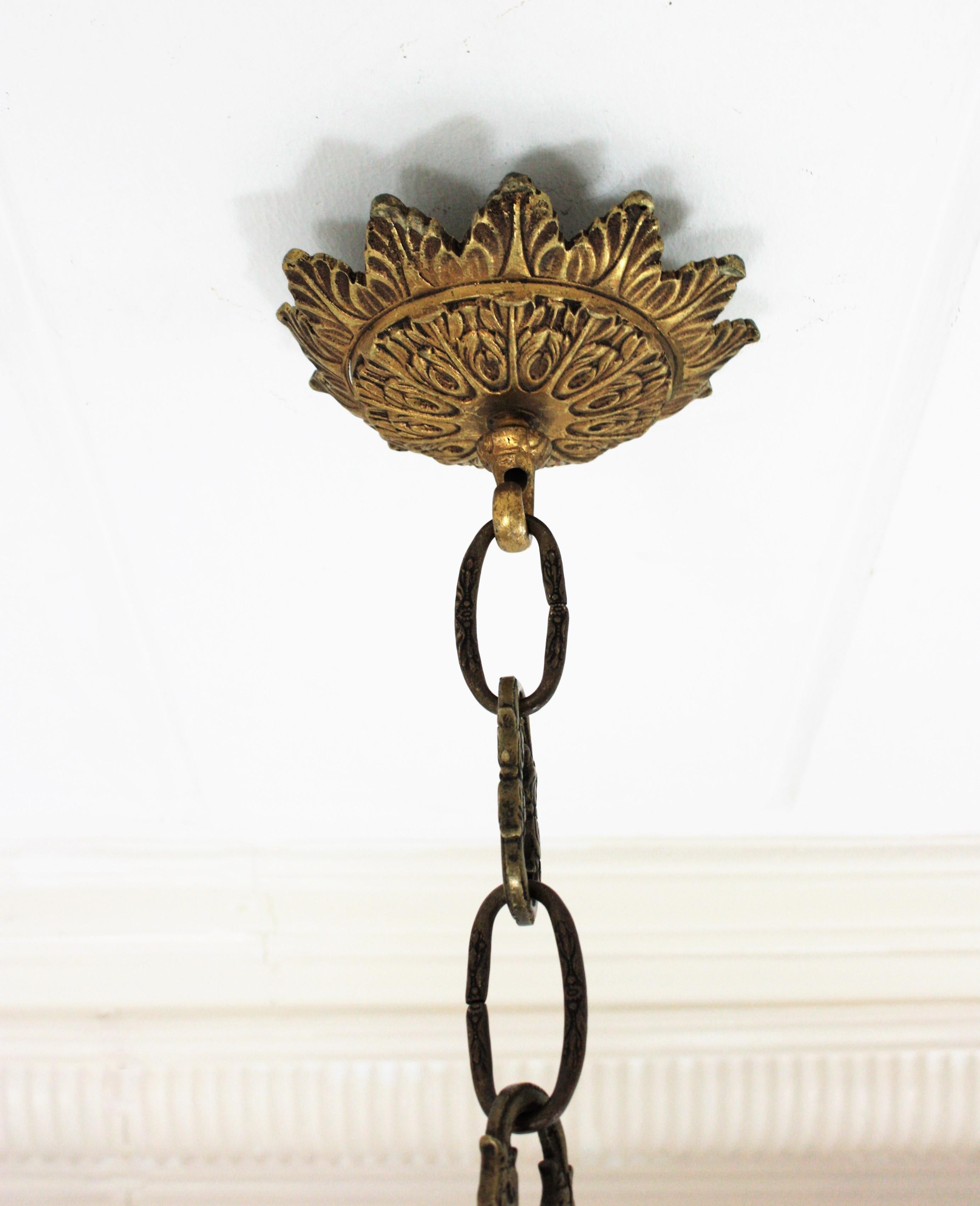 Large Spanish Gilt Metal Crown Sunburst Leafed Light Fixture with Frosted Glass 9