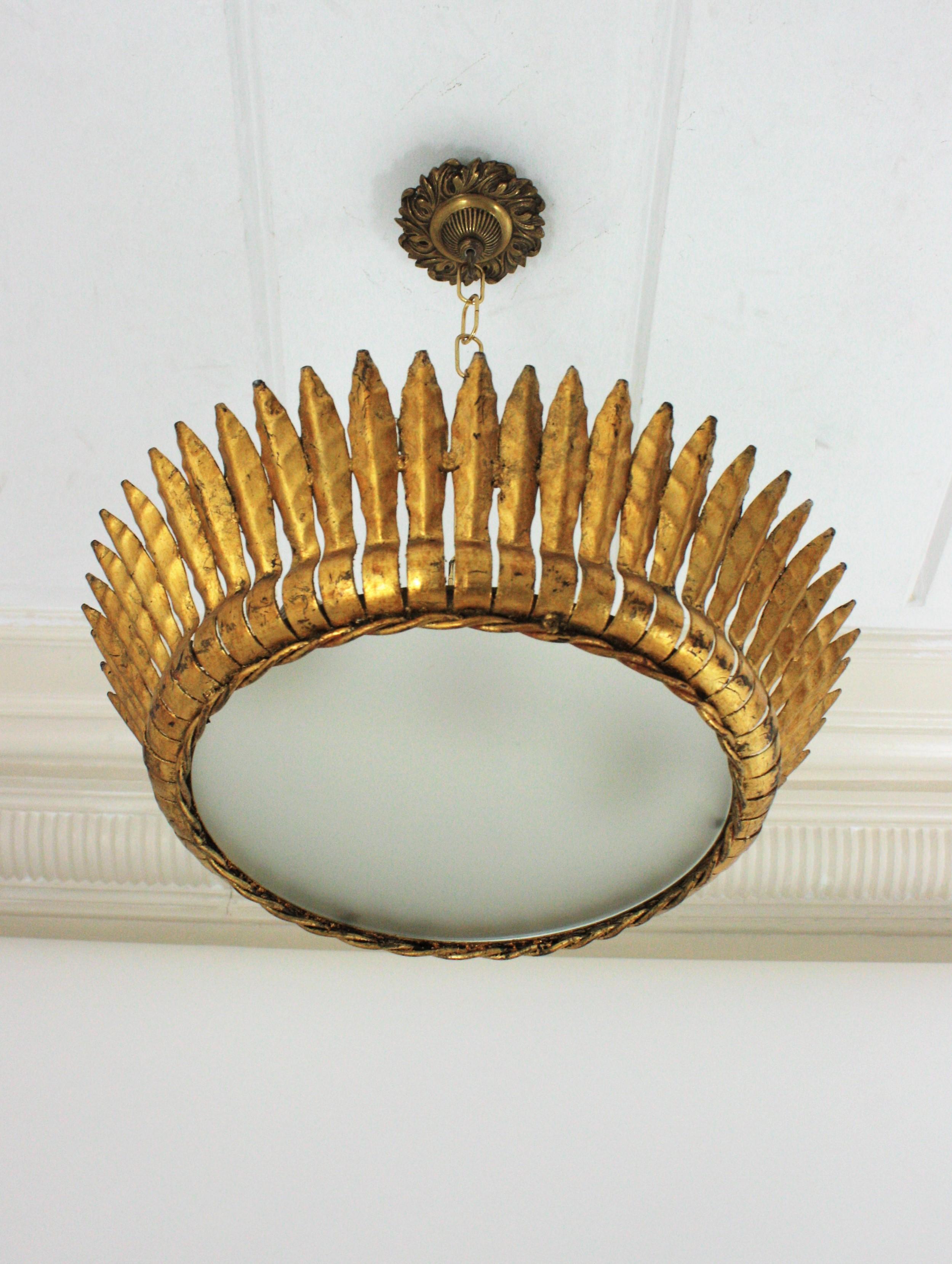 Large Spanish Gilt Metal Crown Sunburst Leafed Light Fixture with Frosted Glass 10