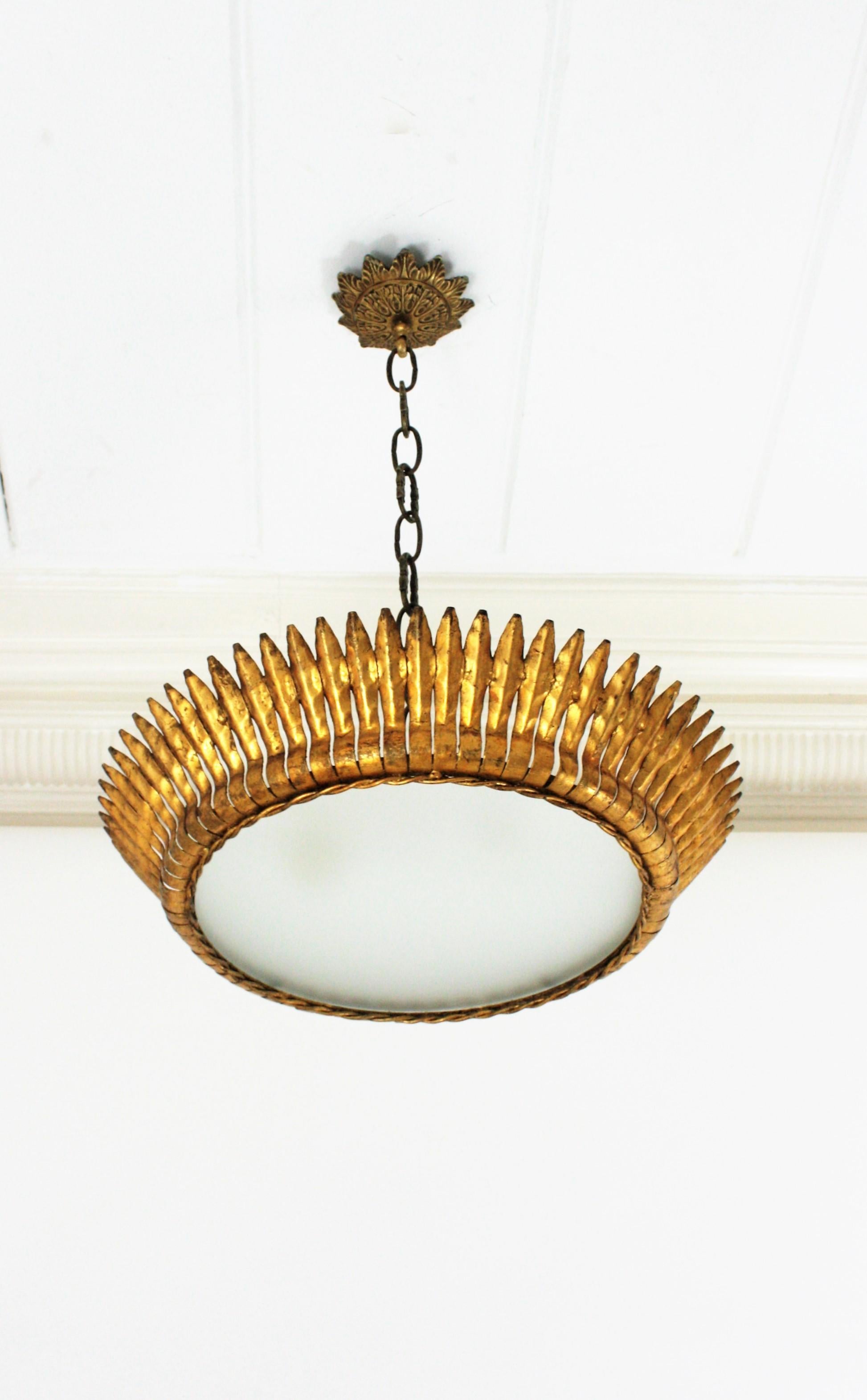 Large Spanish Gilt Metal Crown Sunburst Leafed Light Fixture with Frosted Glass 11