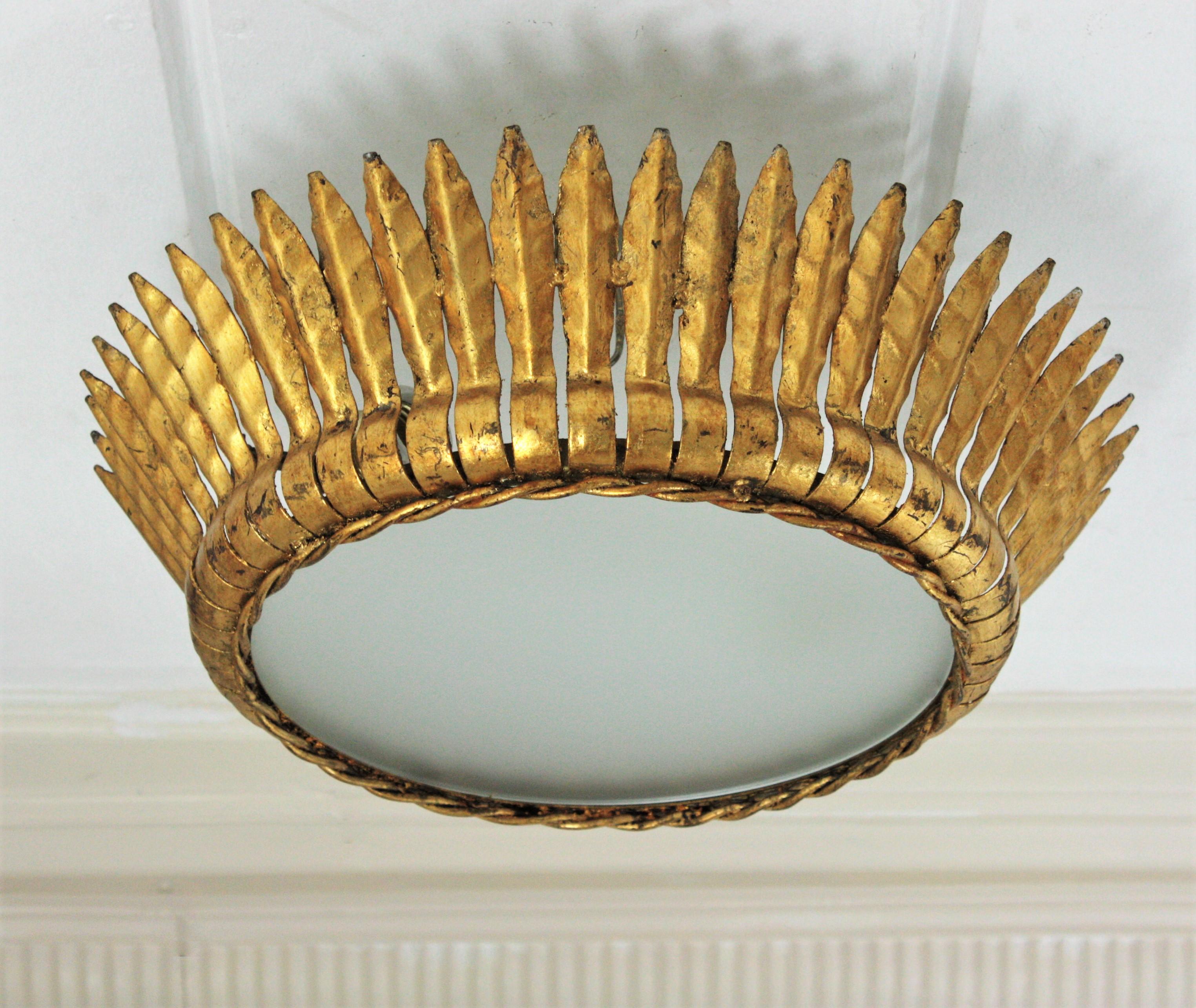 Mid-Century Modern Large Spanish Gilt Metal Crown Sunburst Leafed Light Fixture with Frosted Glass