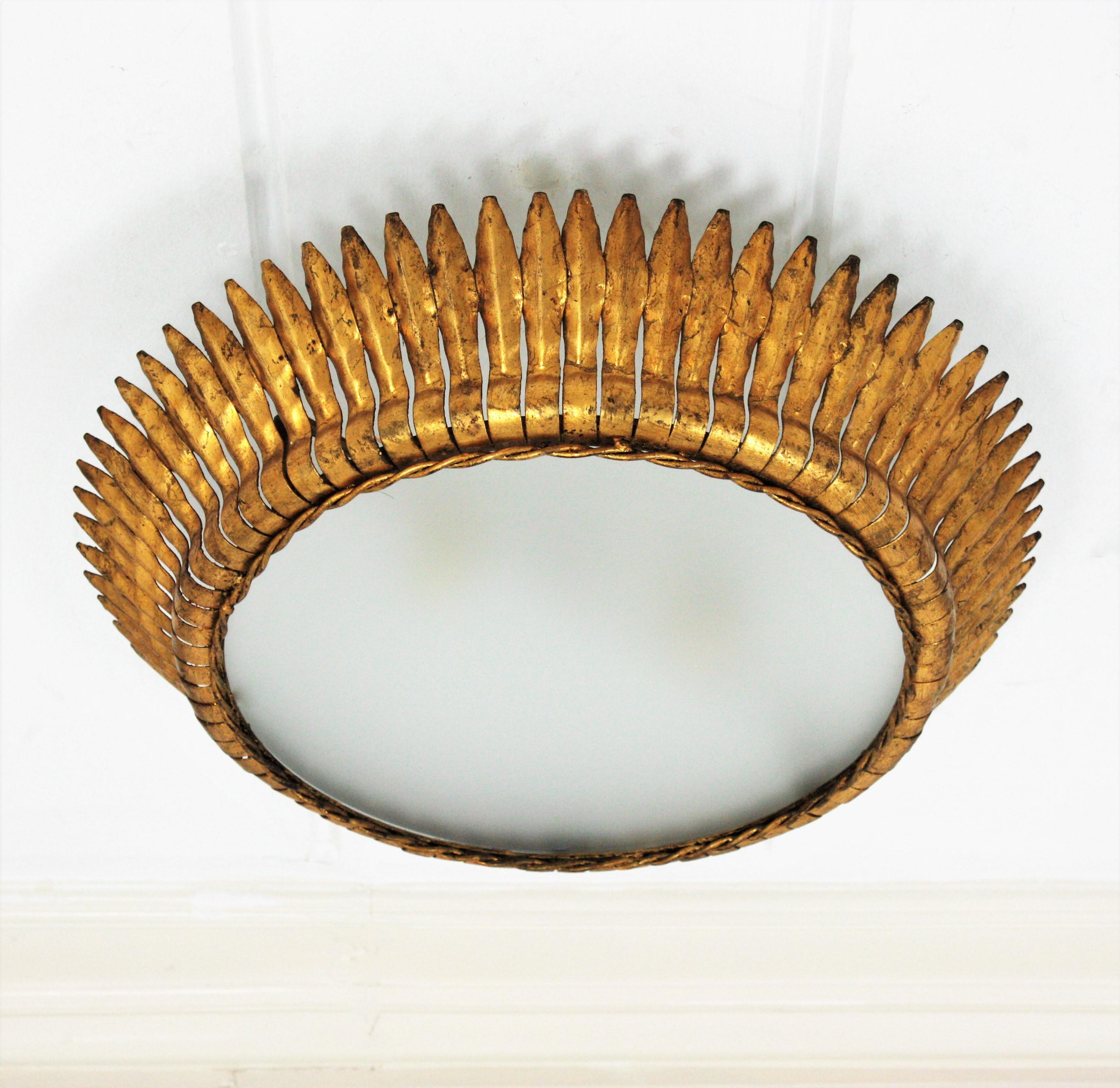 20th Century Large Spanish Gilt Metal Crown Sunburst Leafed Light Fixture with Frosted Glass