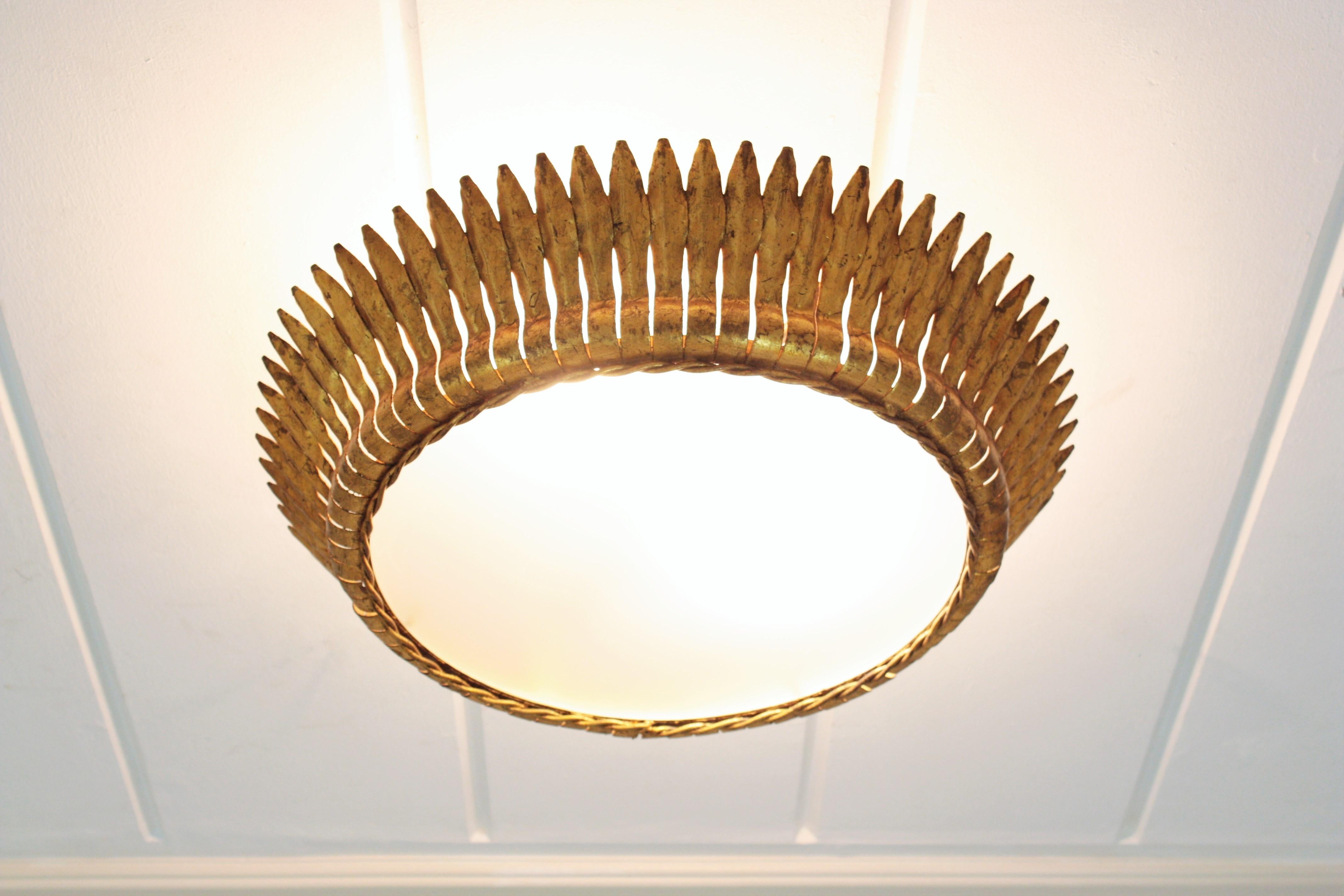 Large Spanish Gilt Metal Crown Sunburst Leafed Light Fixture with Frosted Glass 1