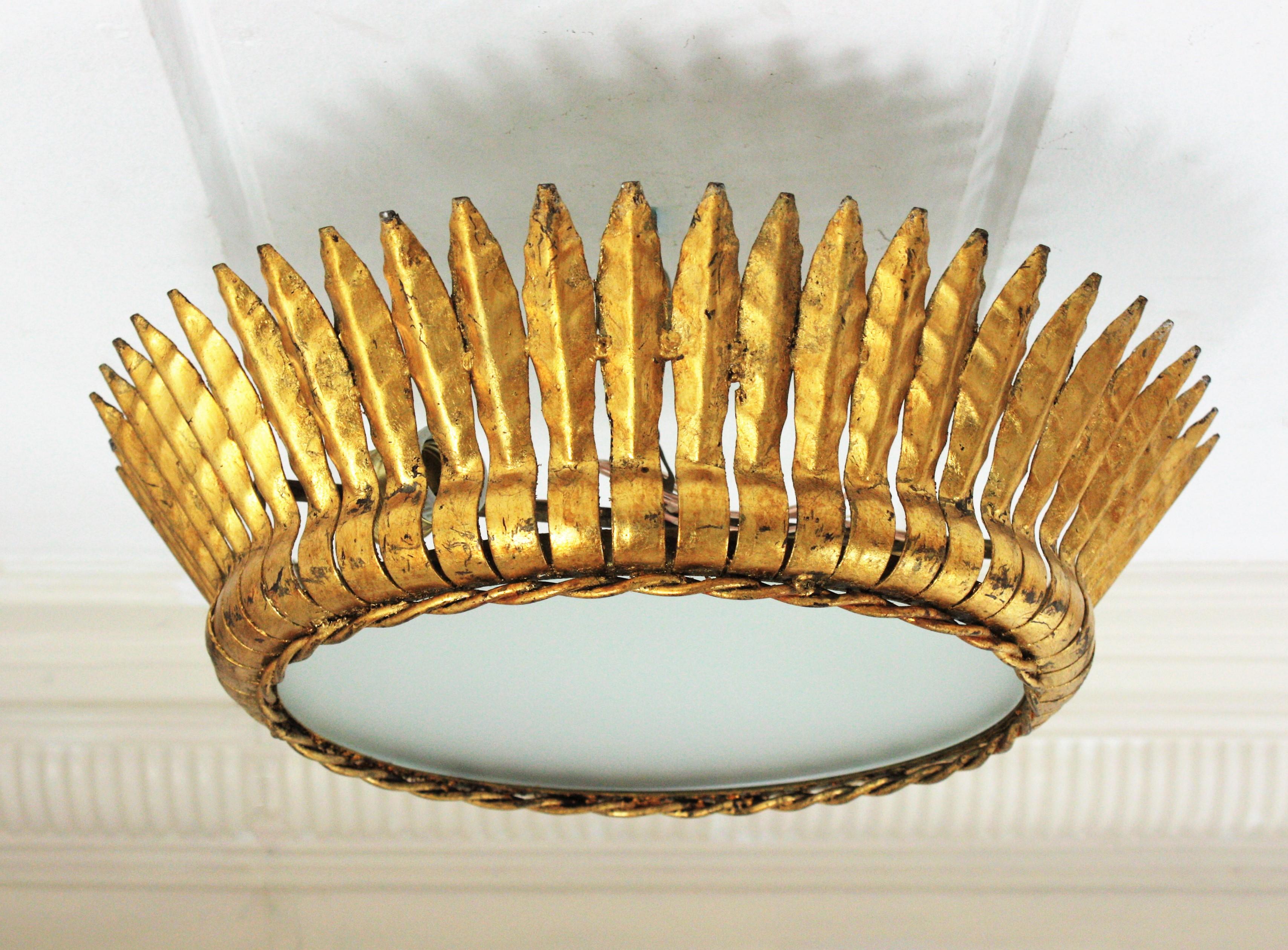 Large Spanish Gilt Metal Crown Sunburst Leafed Light Fixture with Frosted Glass 1